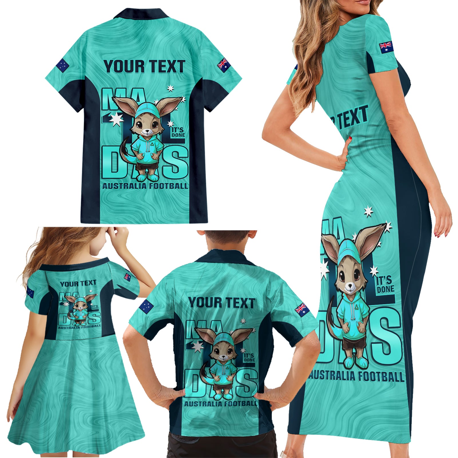 custom-matildas-family-matching-short-sleeve-bodycon-dress-and-hawaiian-shirt-australian-cute-mascot-unique-turquosie-version