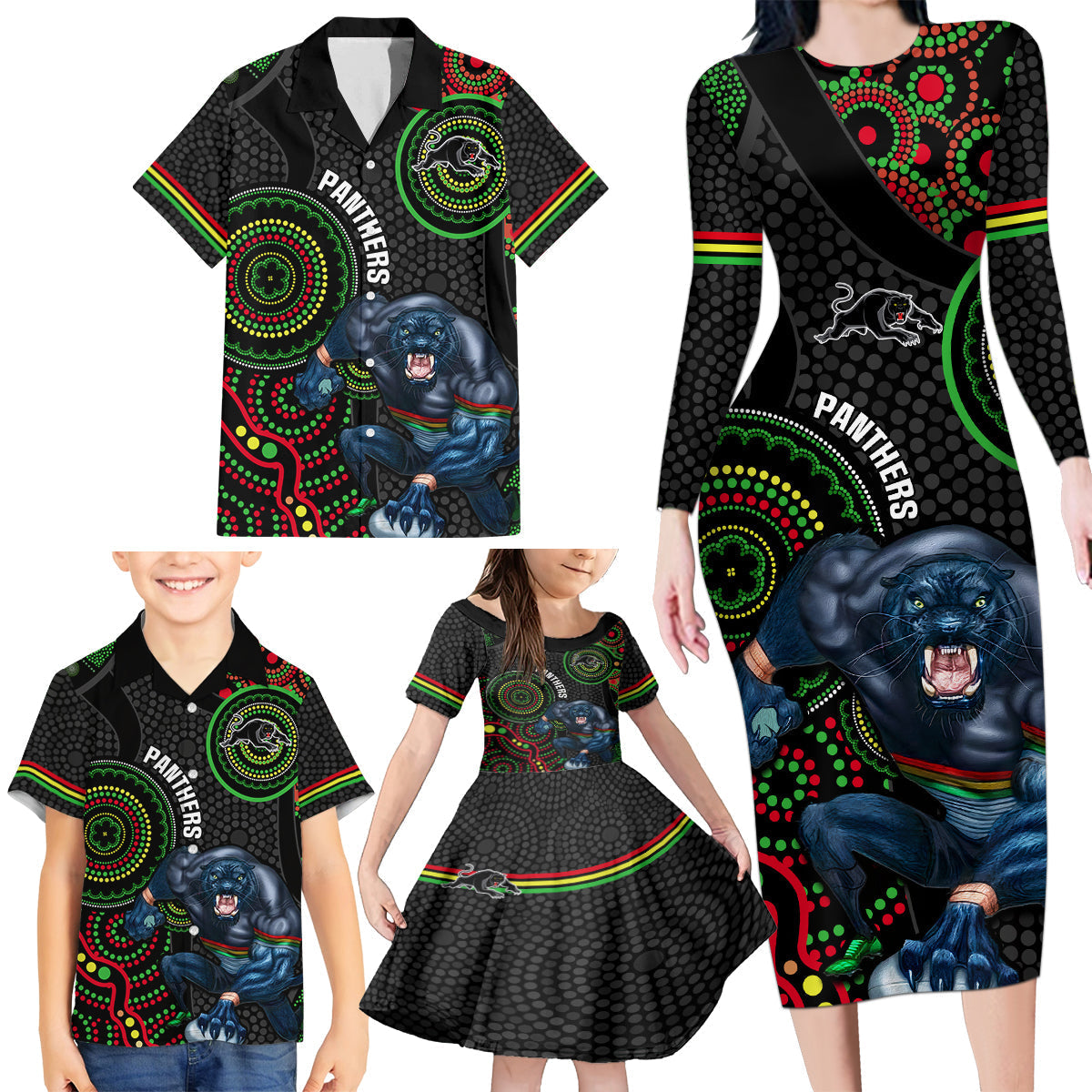 custom-nrl-panthers-family-matching-long-sleeve-bodycon-dress-and-hawaiian-shirt-indigenous-penrith-dynamic-black-version