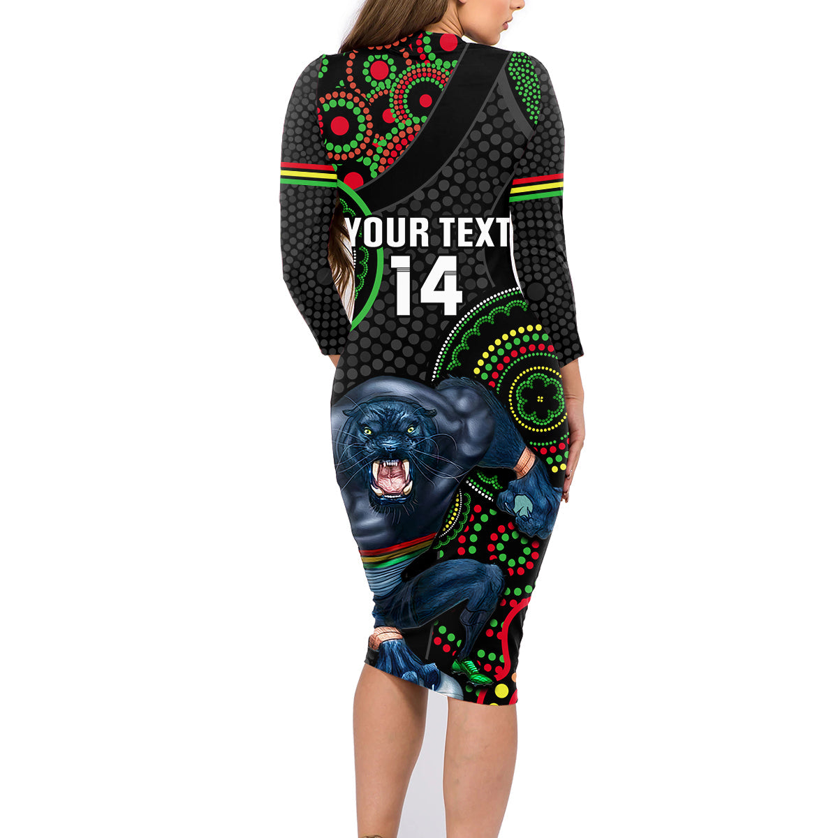 custom-nrl-panthers-family-matching-long-sleeve-bodycon-dress-and-hawaiian-shirt-indigenous-penrith-dynamic-black-version