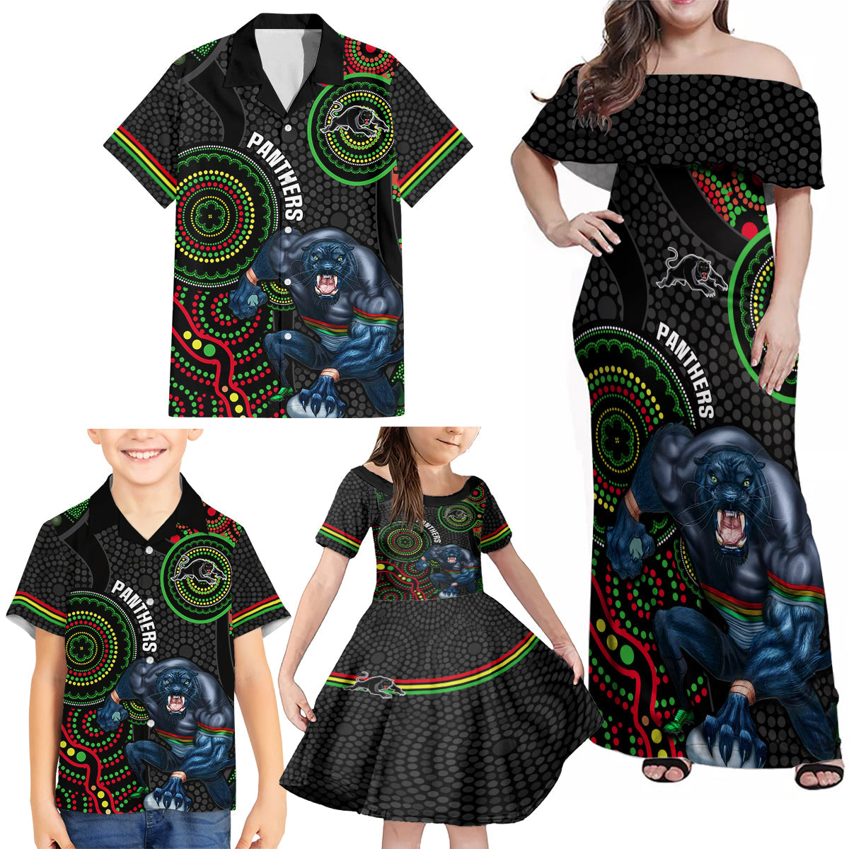custom-nrl-panthers-family-matching-off-shoulder-maxi-dress-and-hawaiian-shirt-indigenous-penrith-dynamic-black-version