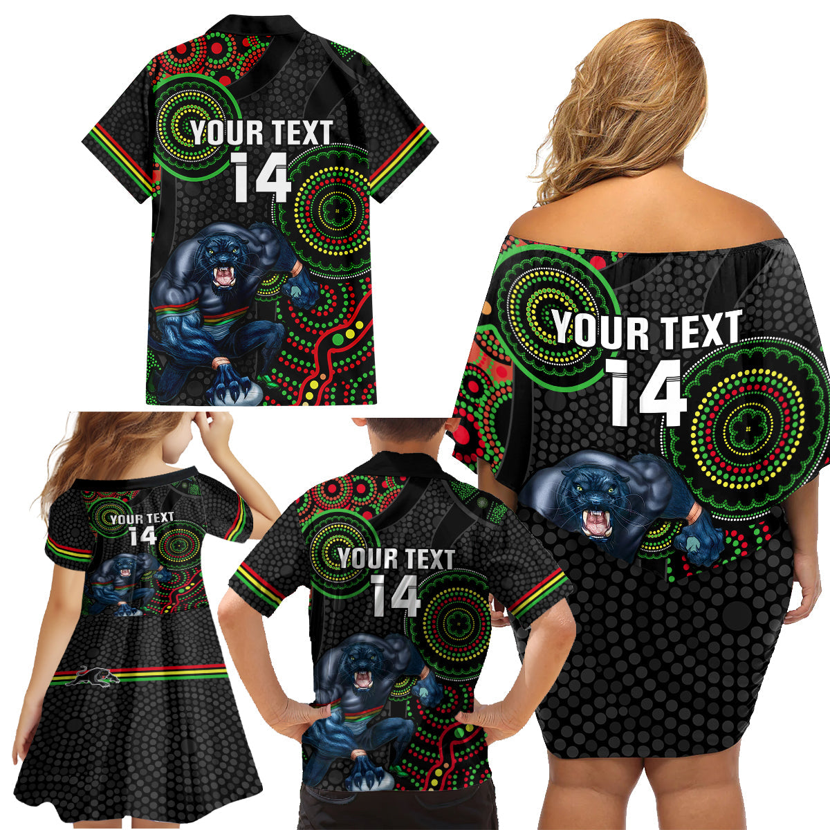 custom-nrl-panthers-family-matching-off-shoulder-short-dress-and-hawaiian-shirt-indigenous-penrith-dynamic-black-version