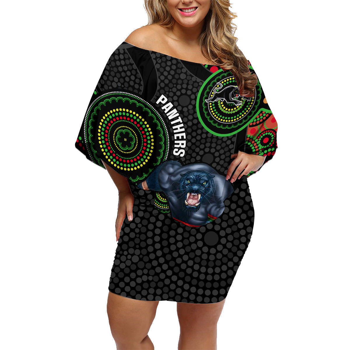 custom-nrl-panthers-family-matching-off-shoulder-short-dress-and-hawaiian-shirt-indigenous-penrith-dynamic-black-version