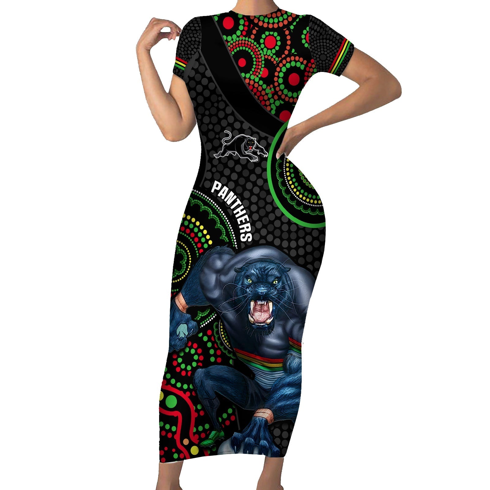 custom-nrl-panthers-family-matching-short-sleeve-bodycon-dress-and-hawaiian-shirt-indigenous-penrith-dynamic-black-version