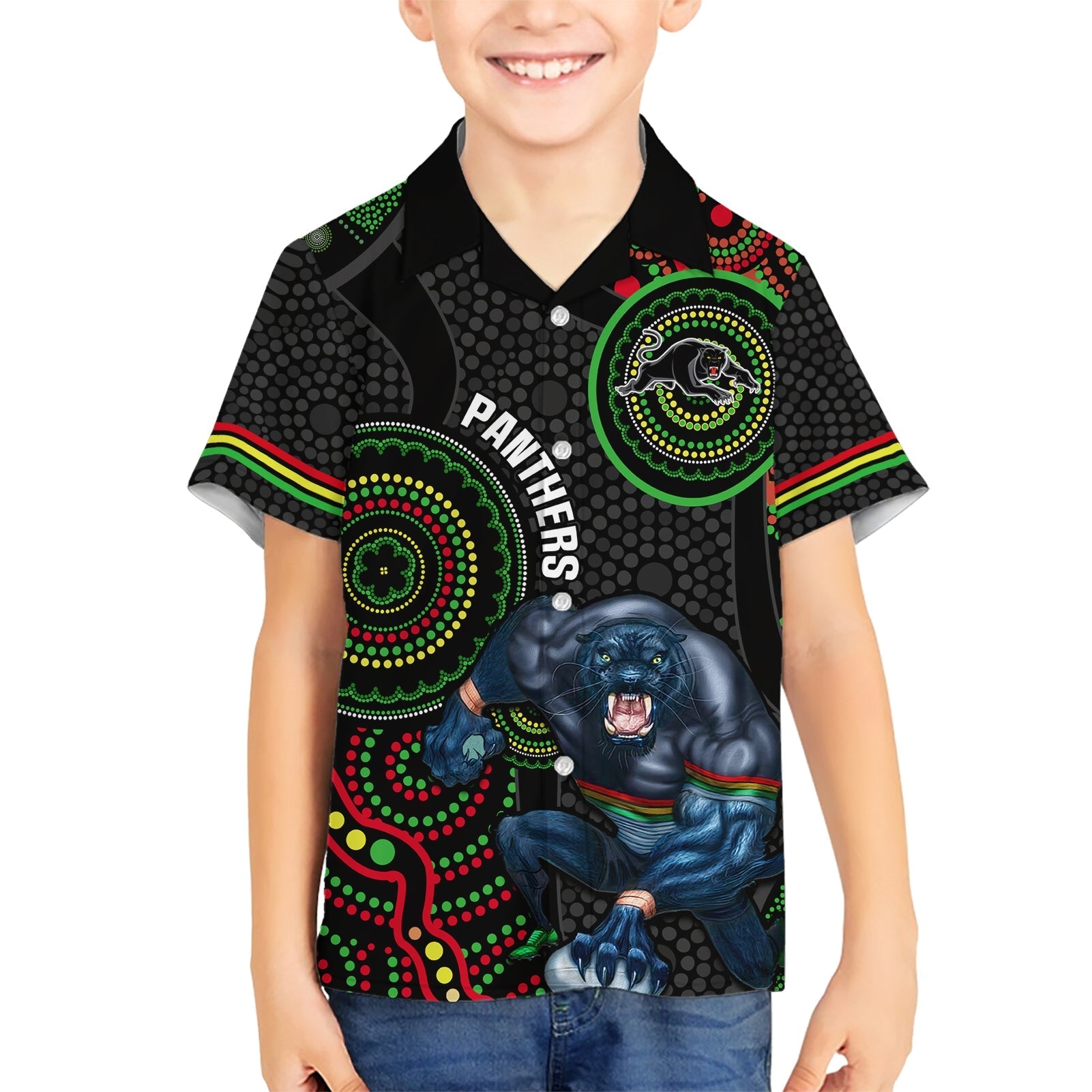 custom-nrl-panthers-family-matching-short-sleeve-bodycon-dress-and-hawaiian-shirt-indigenous-penrith-dynamic-black-version
