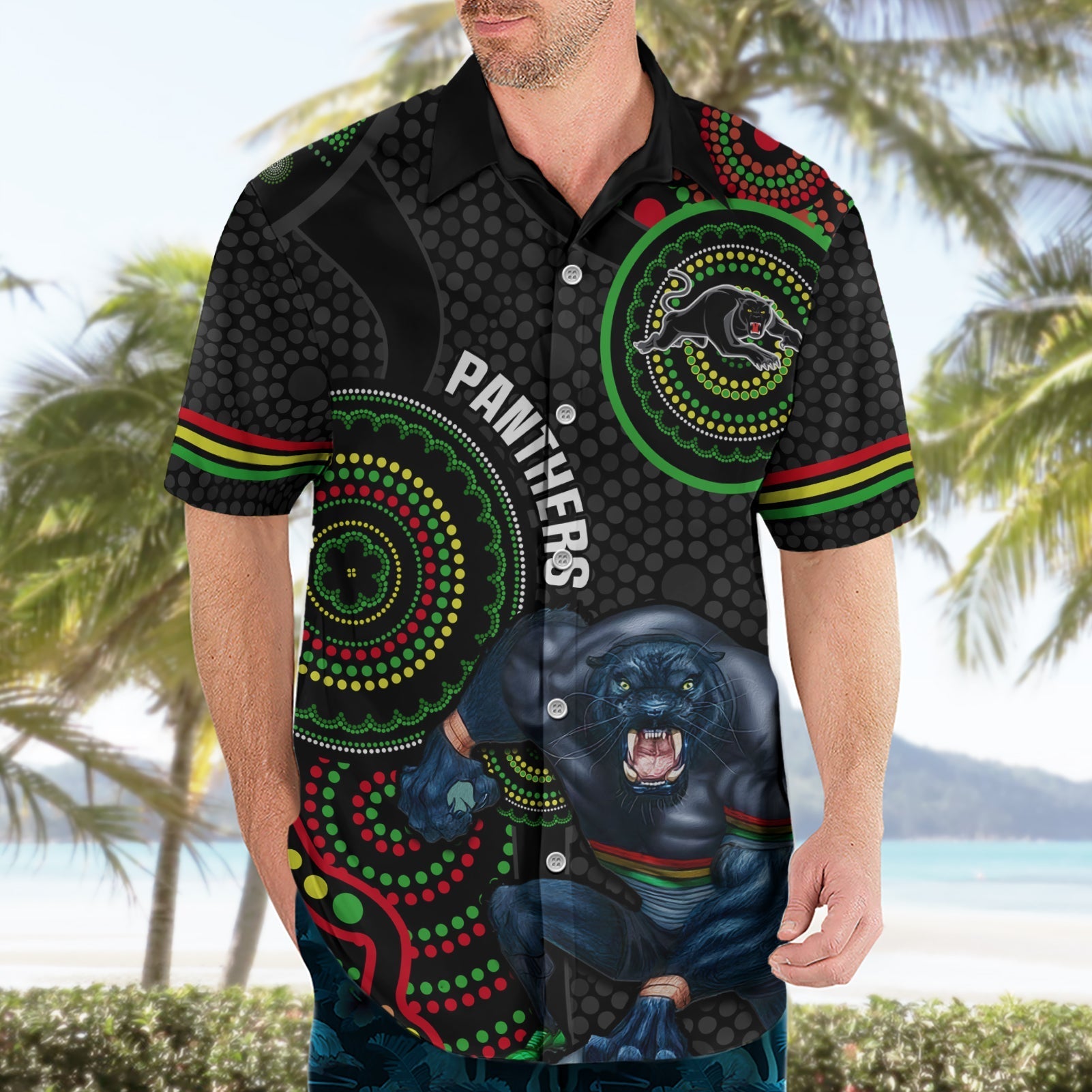 Custom NRL Panthers Hawaiian Shirt Indigenous Penrith Dynamic Black Version - Vibe Hoodie Shop