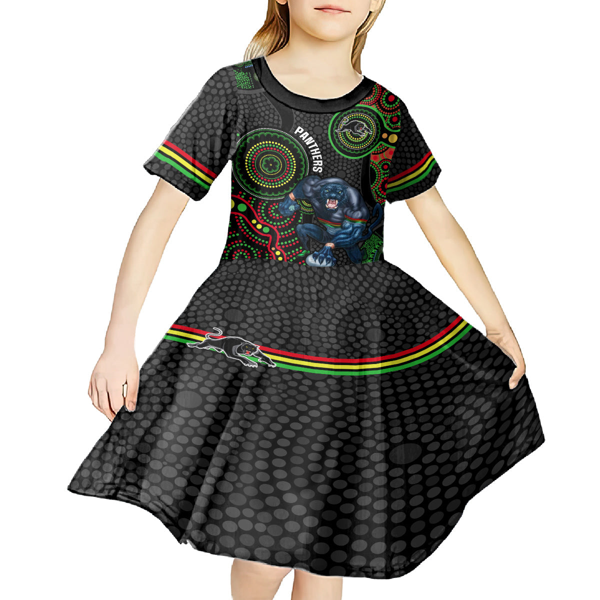 Custom NRL Panthers Kid Short Sleeve Dress Indigenous Penrith Dynamic Black Version - Vibe Hoodie Shop