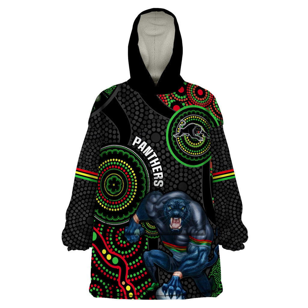 Custom NRL Panthers Wearable Blanket Hoodie Indigenous Penrith Dynamic Black Version - Vibe Hoodie Shop