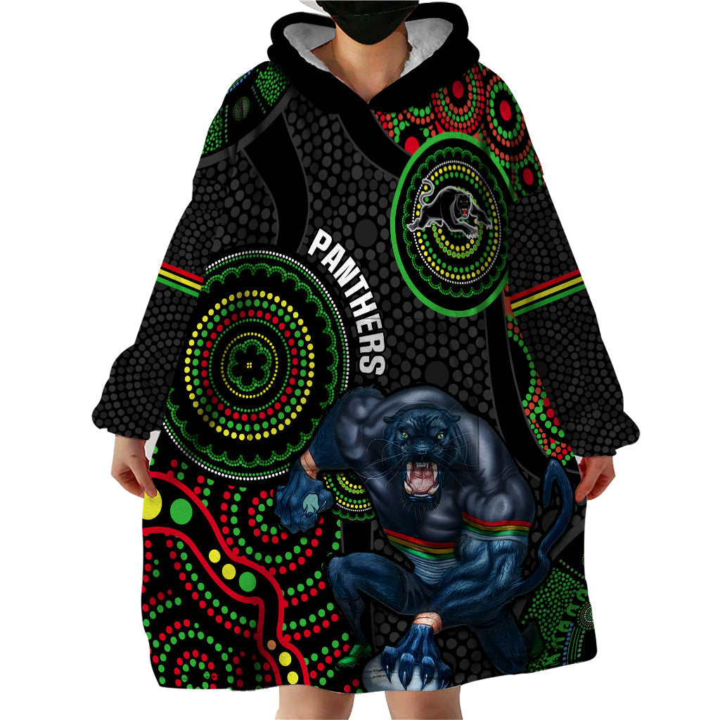 Custom NRL Panthers Wearable Blanket Hoodie Indigenous Penrith Dynamic Black Version - Vibe Hoodie Shop