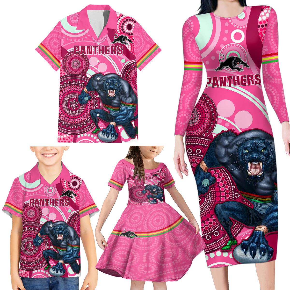custom-nrl-panthers-family-matching-long-sleeve-bodycon-dress-and-hawaiian-shirt-indigenous-penrith-dynamic-pink-version