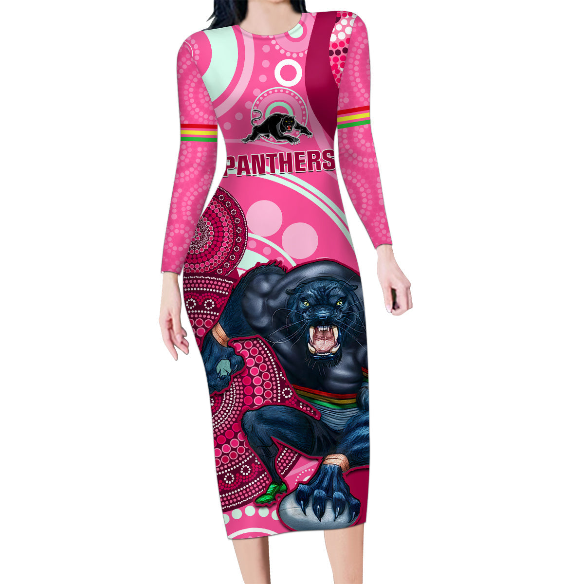custom-nrl-panthers-family-matching-long-sleeve-bodycon-dress-and-hawaiian-shirt-indigenous-penrith-dynamic-pink-version