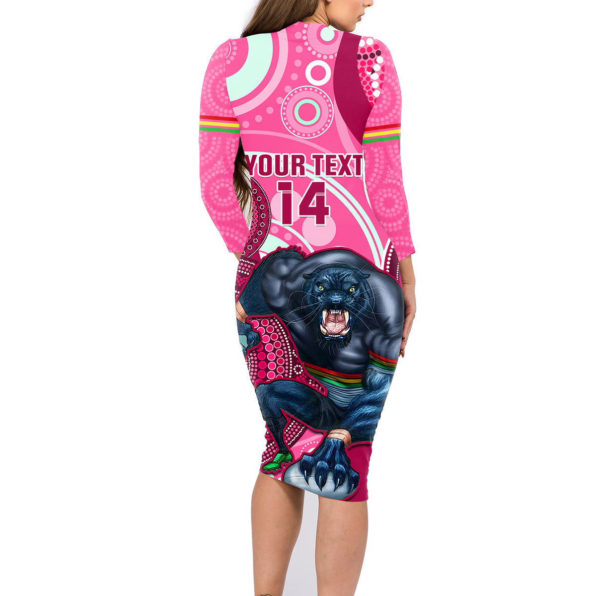 custom-nrl-panthers-family-matching-long-sleeve-bodycon-dress-and-hawaiian-shirt-indigenous-penrith-dynamic-pink-version
