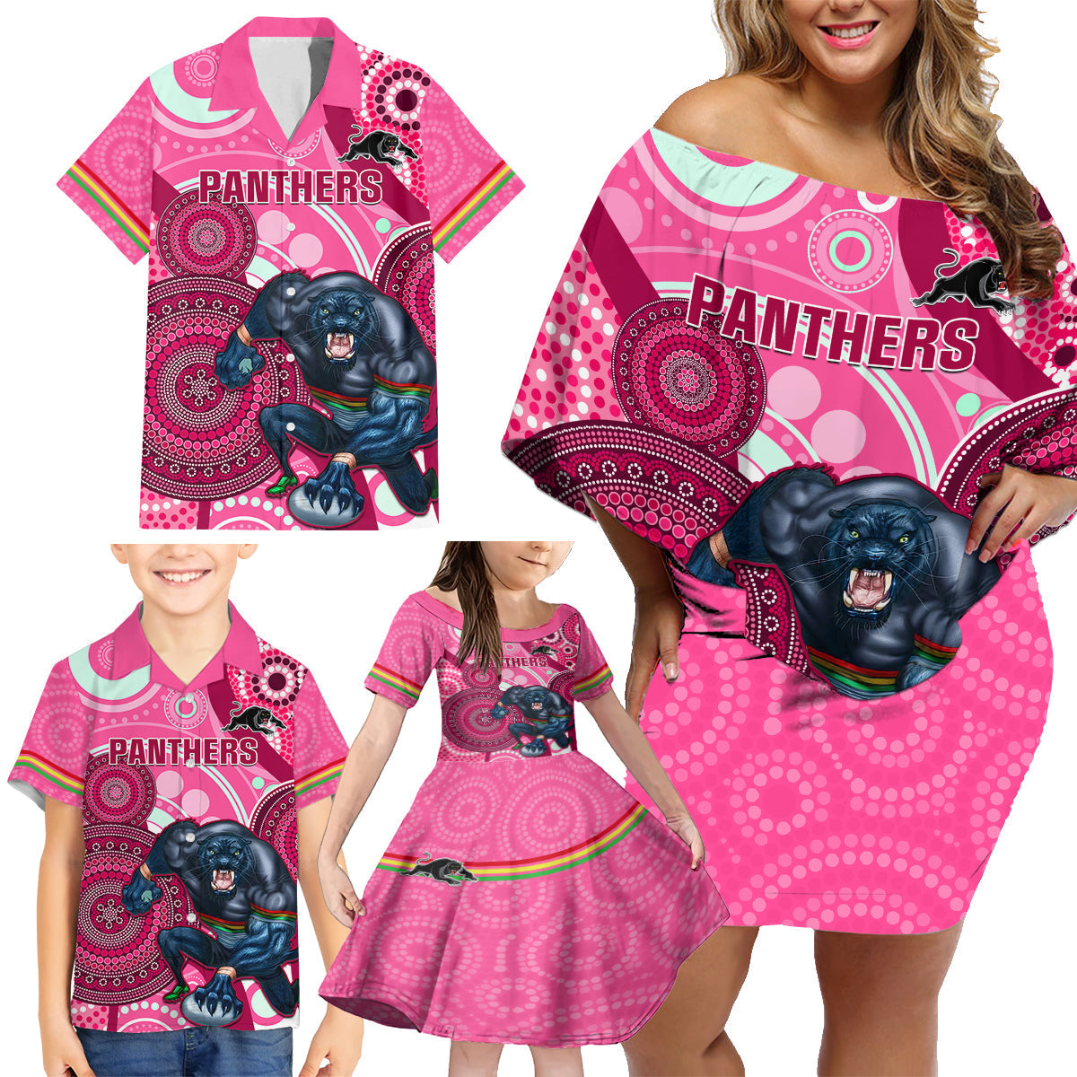 custom-nrl-panthers-family-matching-off-shoulder-short-dress-and-hawaiian-shirt-indigenous-penrith-dynamic-pink-version