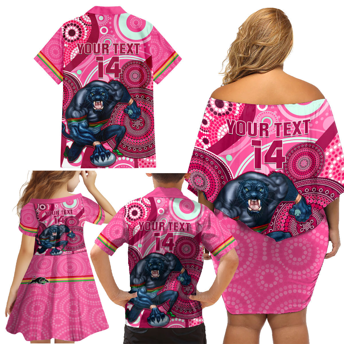 custom-nrl-panthers-family-matching-off-shoulder-short-dress-and-hawaiian-shirt-indigenous-penrith-dynamic-pink-version