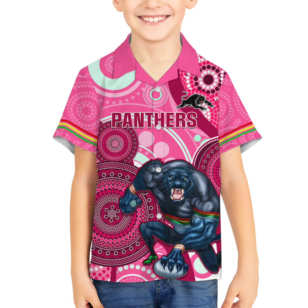 custom-nrl-panthers-family-matching-off-shoulder-short-dress-and-hawaiian-shirt-indigenous-penrith-dynamic-pink-version
