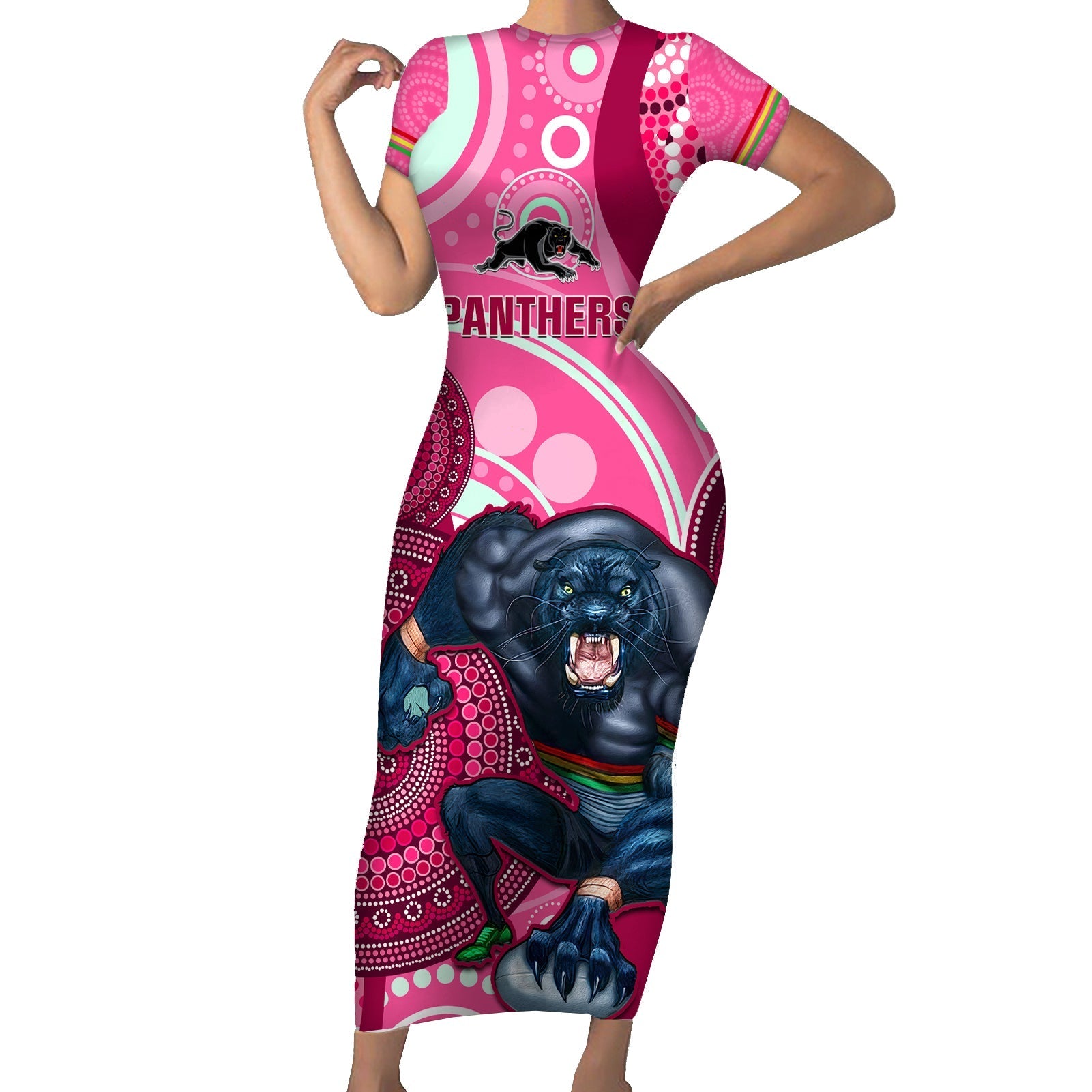 custom-nrl-panthers-family-matching-short-sleeve-bodycon-dress-and-hawaiian-shirt-indigenous-penrith-dynamic-pink-version
