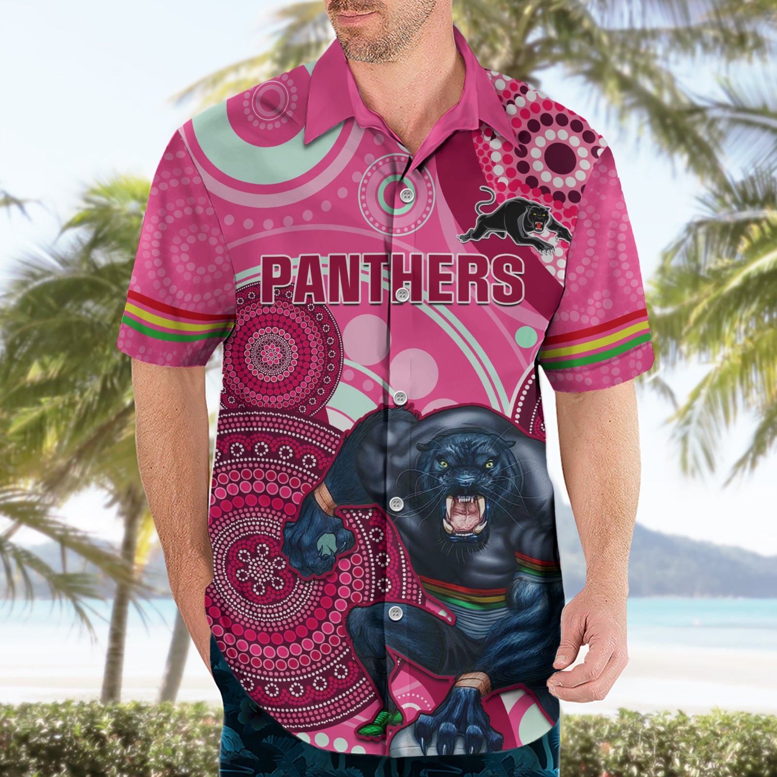 Custom NRL Panthers Hawaiian Shirt Indigenous Penrith Dynamic Pink Version - Vibe Hoodie Shop