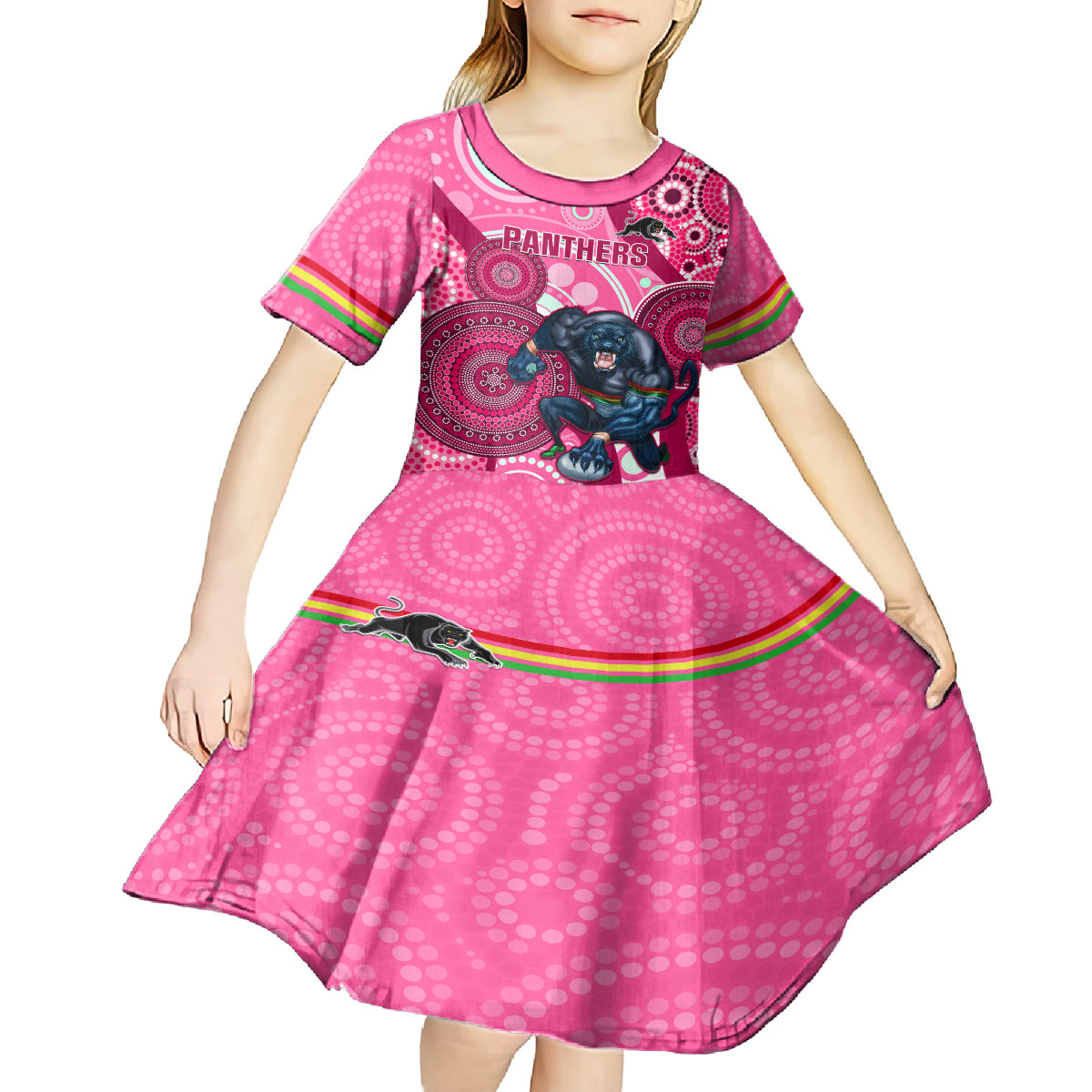 Custom NRL Panthers Kid Short Sleeve Dress Indigenous Penrith Dynamic Pink Version - Vibe Hoodie Shop