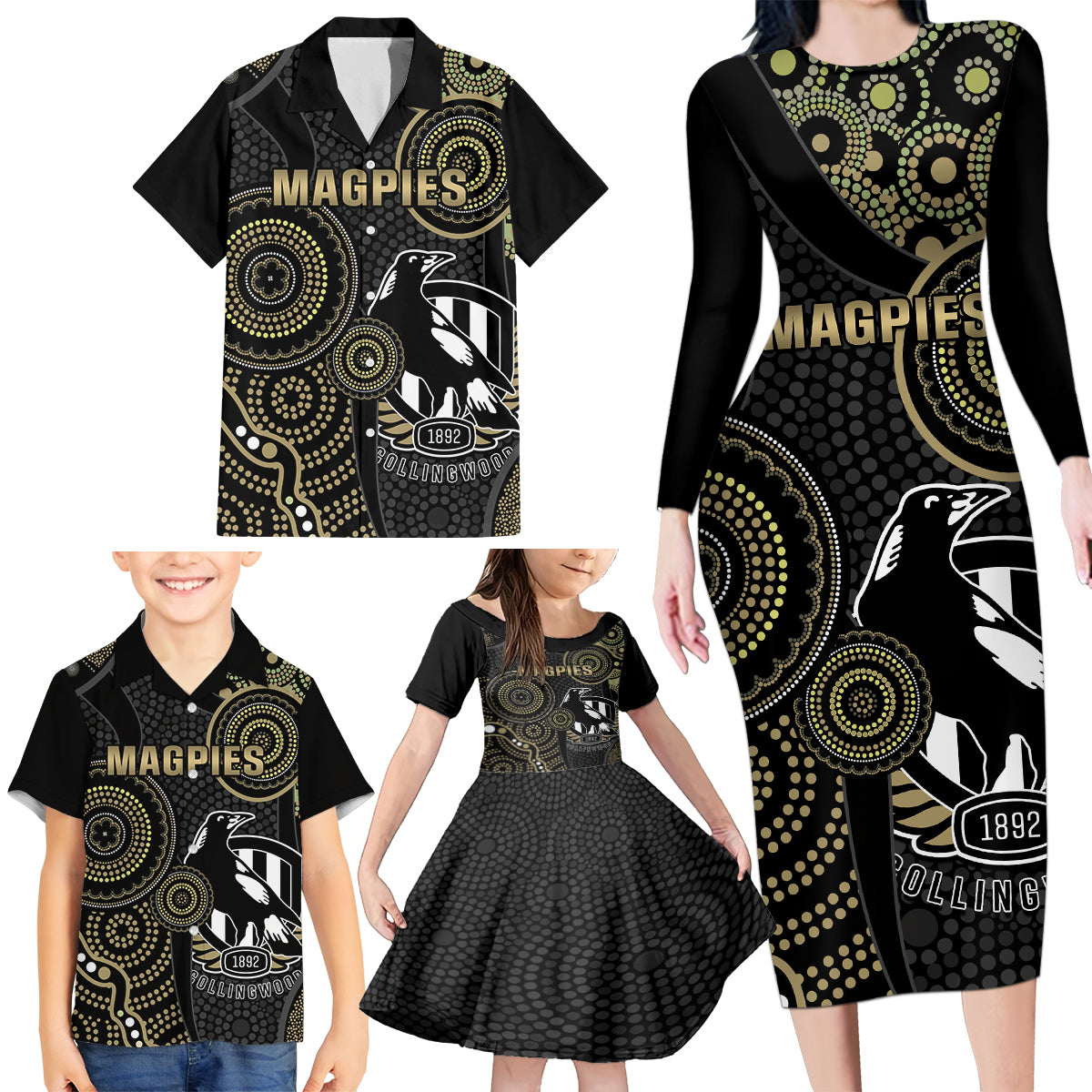 custom-afl-collingwood-family-matching-long-sleeve-bodycon-dress-and-hawaiian-shirt-indigenous-magpies-dynamic-version