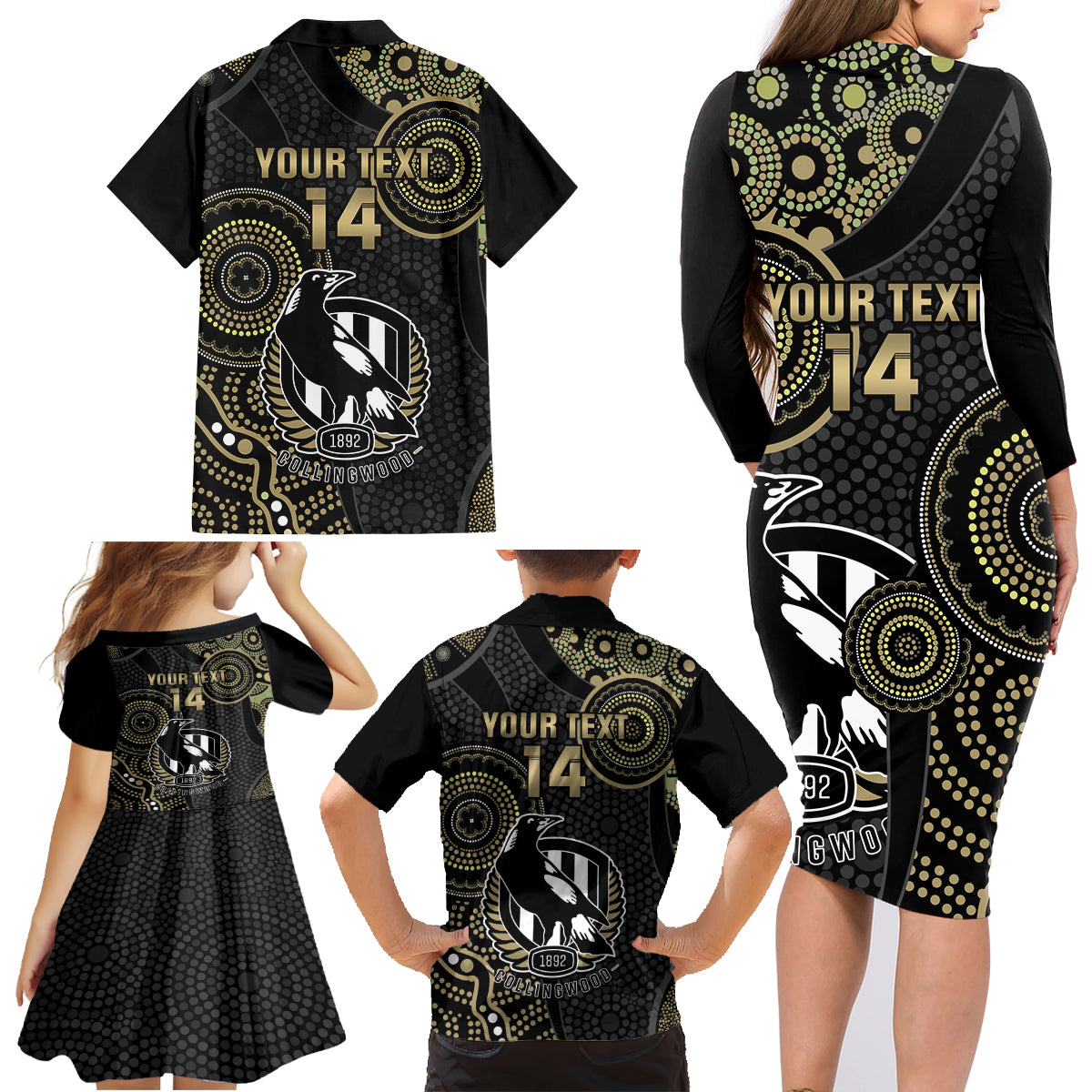 custom-afl-collingwood-family-matching-long-sleeve-bodycon-dress-and-hawaiian-shirt-indigenous-magpies-dynamic-version