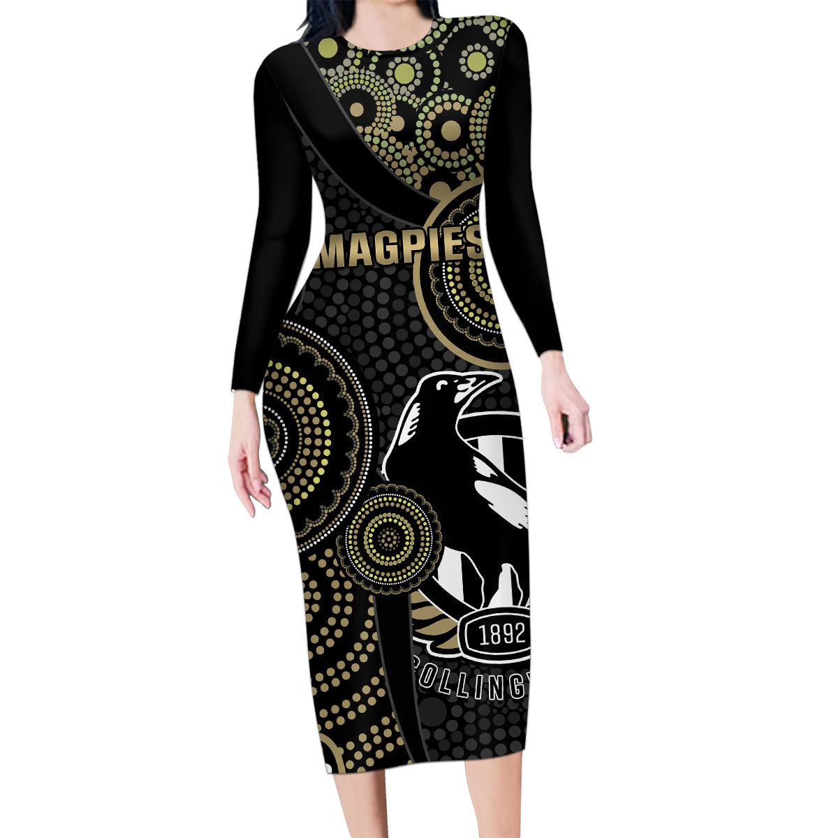 custom-afl-collingwood-family-matching-long-sleeve-bodycon-dress-and-hawaiian-shirt-indigenous-magpies-dynamic-version