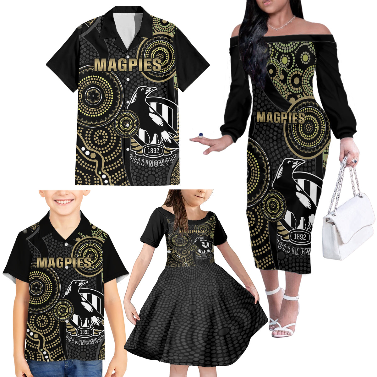 custom-afl-collingwood-family-matching-off-shoulder-long-sleeve-dress-and-hawaiian-shirt-indigenous-magpies-dynamic-version