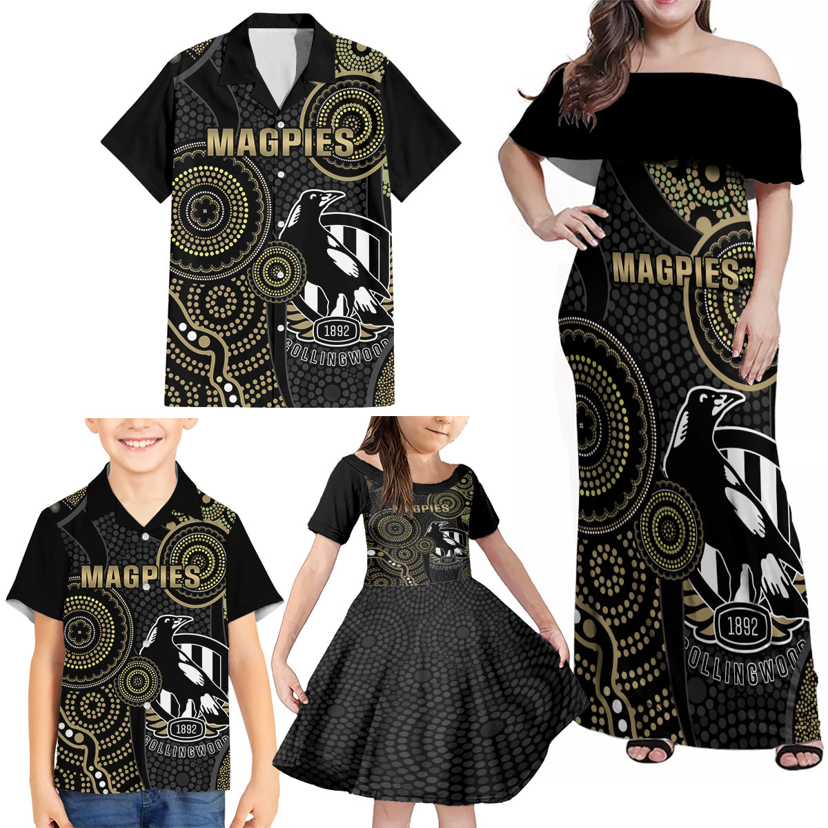 custom-afl-collingwood-family-matching-off-shoulder-maxi-dress-and-hawaiian-shirt-indigenous-magpies-dynamic-version