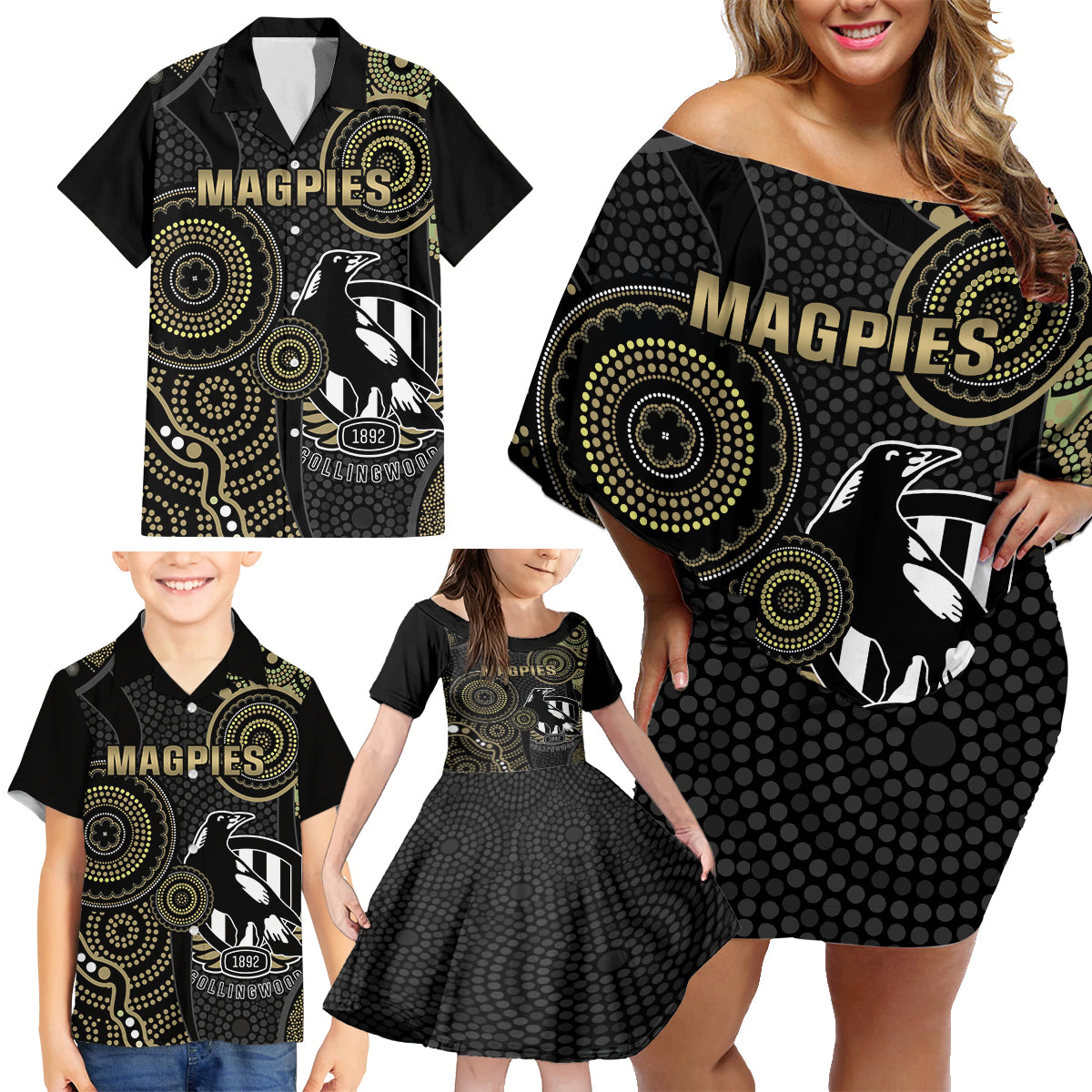 custom-afl-collingwood-family-matching-off-shoulder-short-dress-and-hawaiian-shirt-indigenous-magpies-dynamic-version