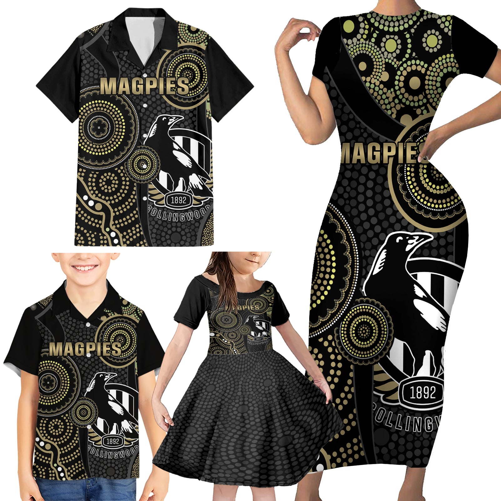 custom-afl-collingwood-family-matching-short-sleeve-bodycon-dress-and-hawaiian-shirt-indigenous-magpies-dynamic-version