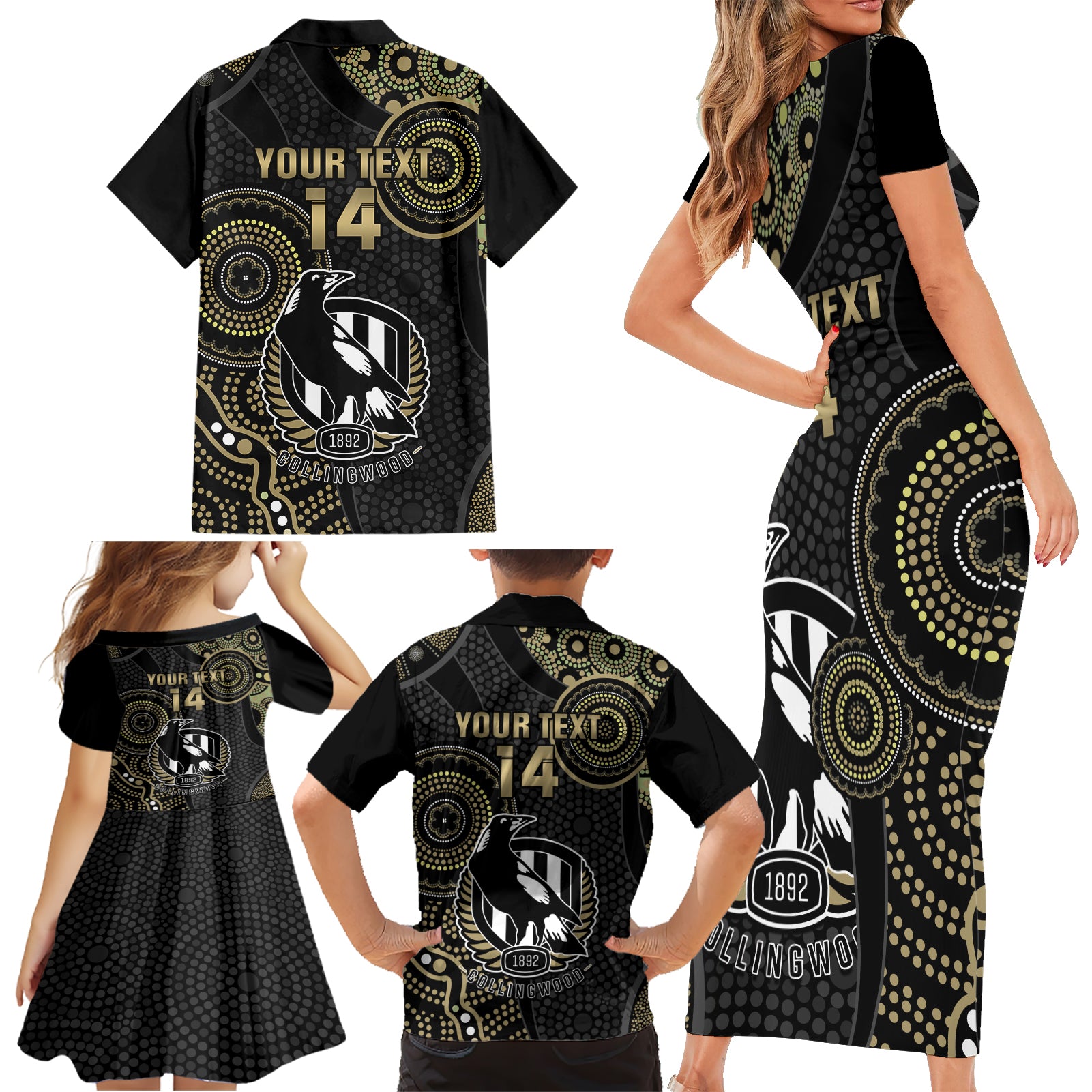 custom-afl-collingwood-family-matching-short-sleeve-bodycon-dress-and-hawaiian-shirt-indigenous-magpies-dynamic-version