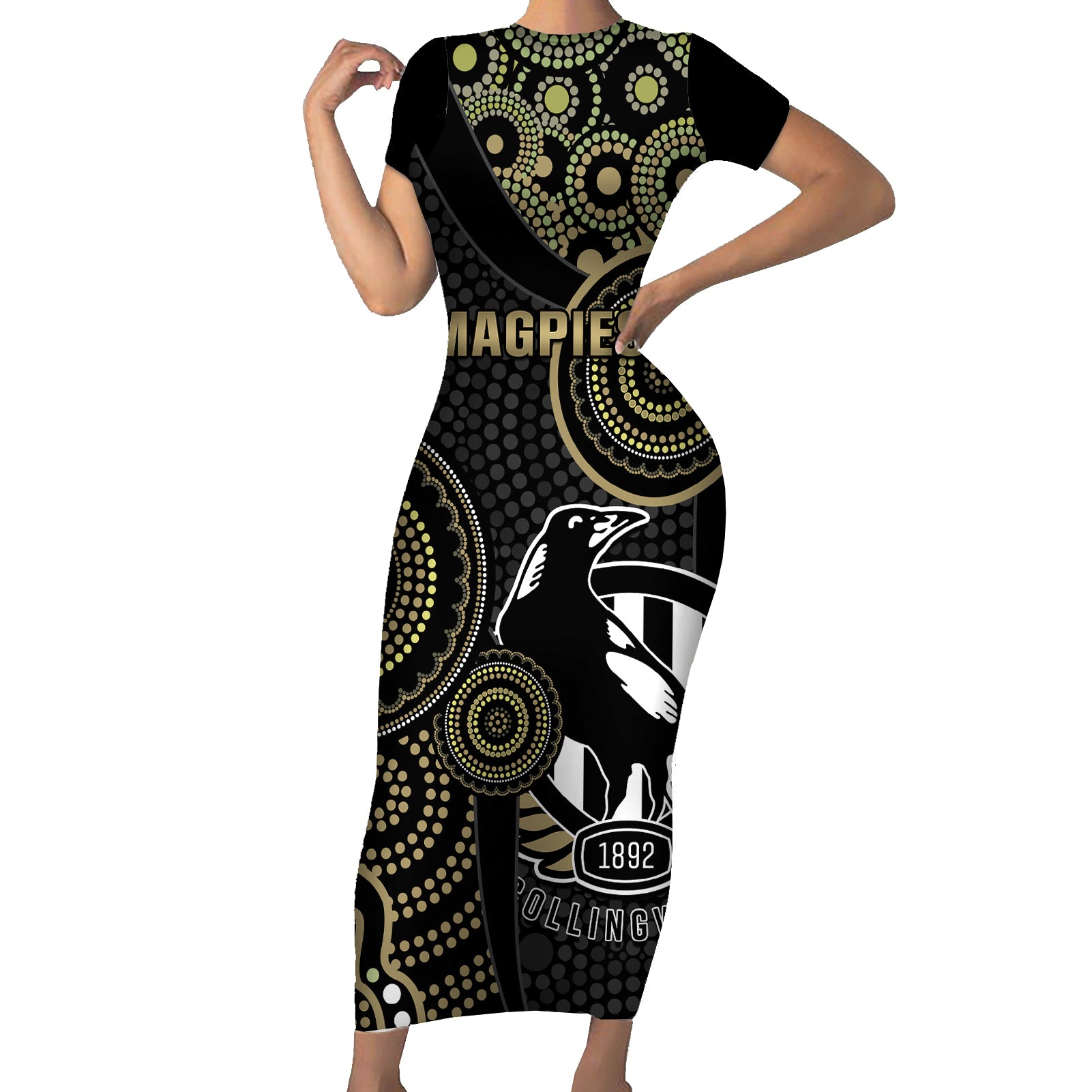 custom-afl-collingwood-family-matching-short-sleeve-bodycon-dress-and-hawaiian-shirt-indigenous-magpies-dynamic-version