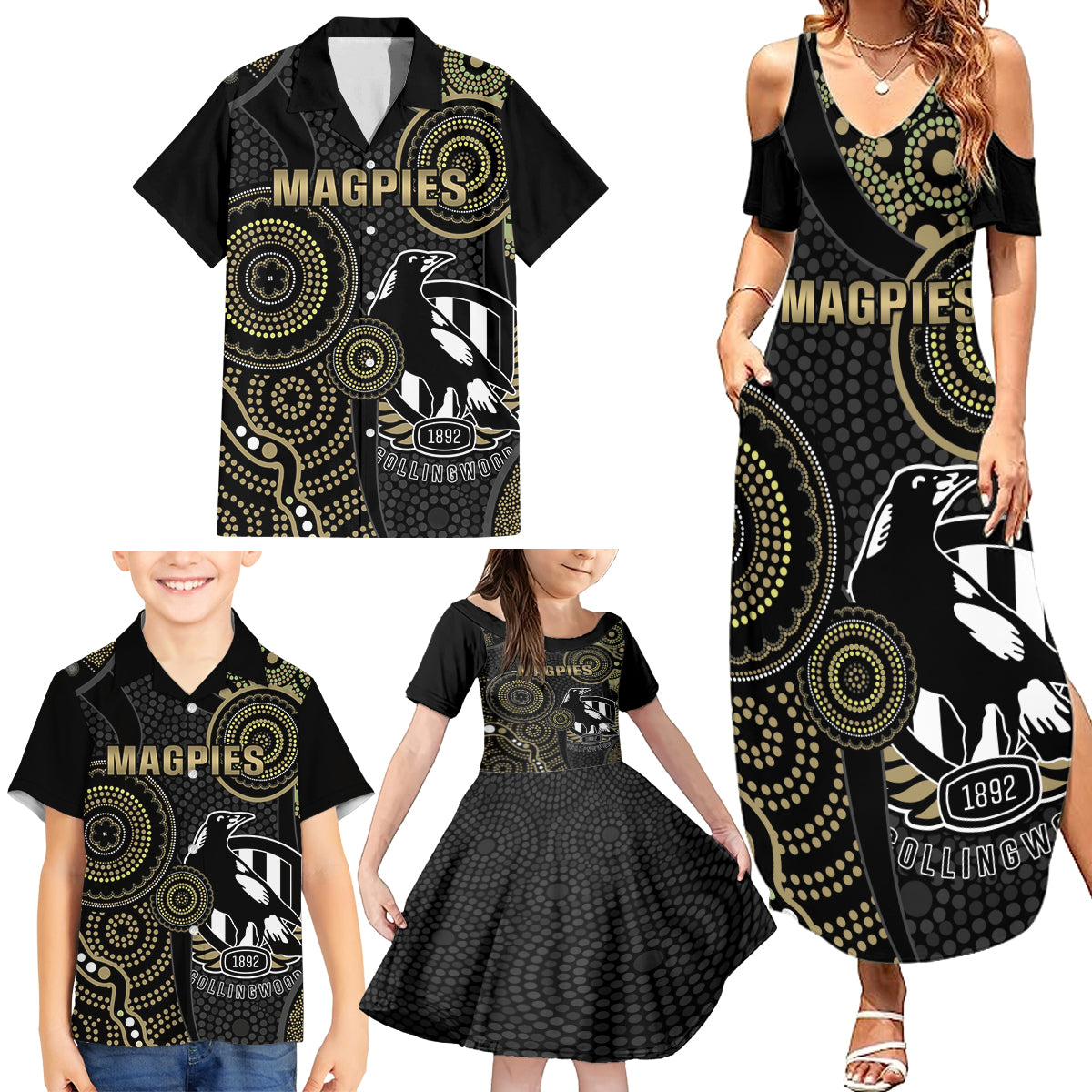 custom-afl-collingwood-family-matching-summer-maxi-dress-and-hawaiian-shirt-indigenous-magpies-dynamic-version