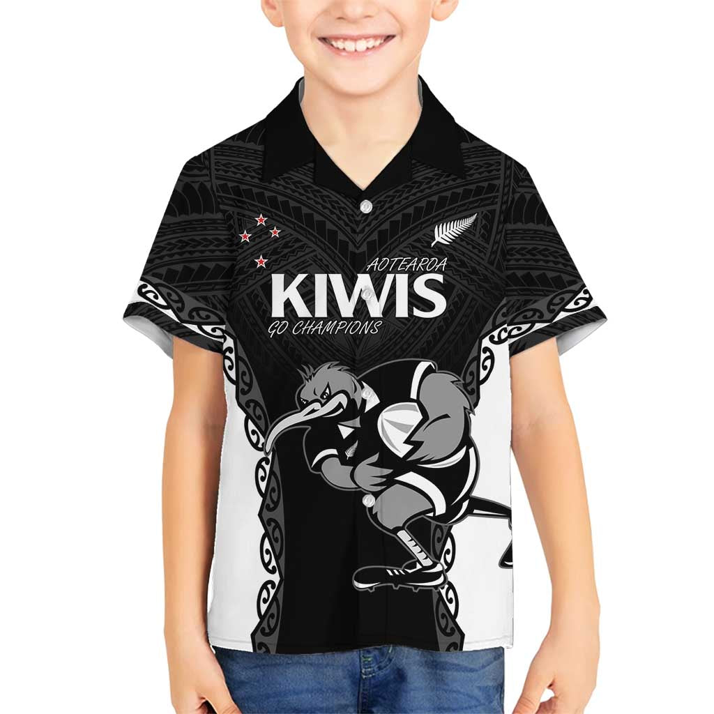 Aotearoa Rugby Custom Family Matching Off Shoulder Short Dress and Hawaiian Shirt Maori Kiwi - Mascot Style