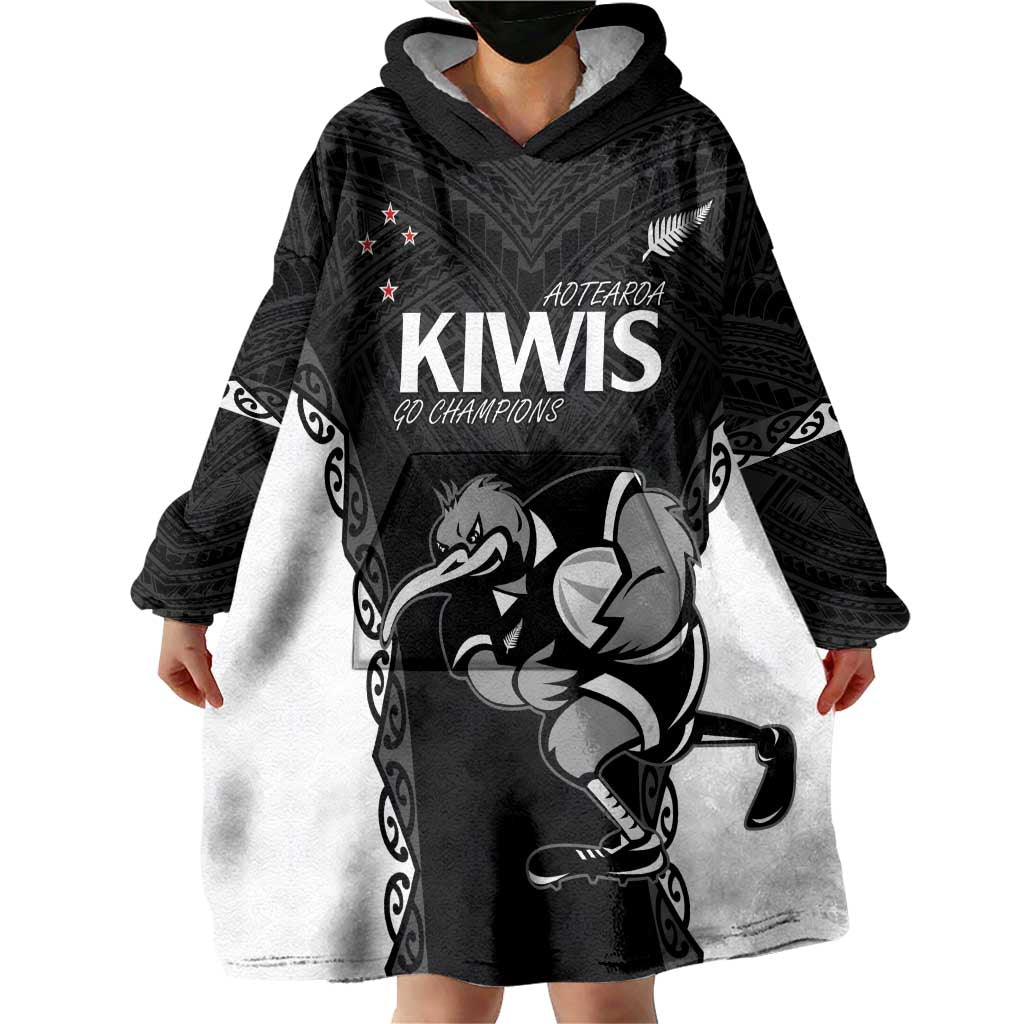 Aotearoa Rugby Custom Wearable Blanket Hoodie Maori Kiwi - Mascot Style - Vibe Hoodie Shop