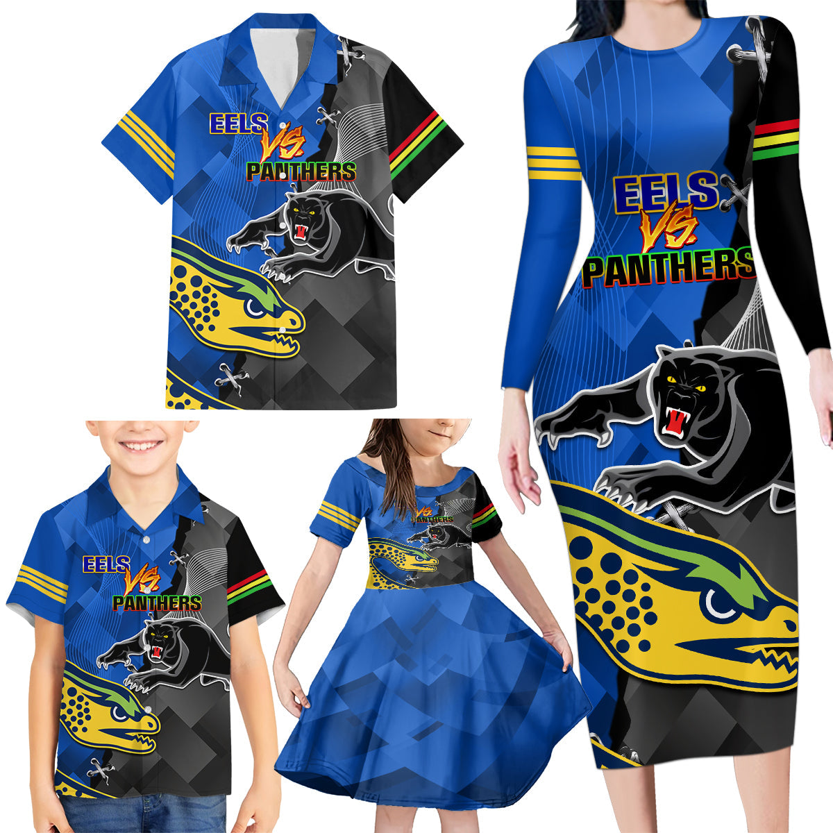 personalised-panthers-and-eels-family-matching-long-sleeve-bodycon-dress-and-hawaiian-shirt-sporty-version