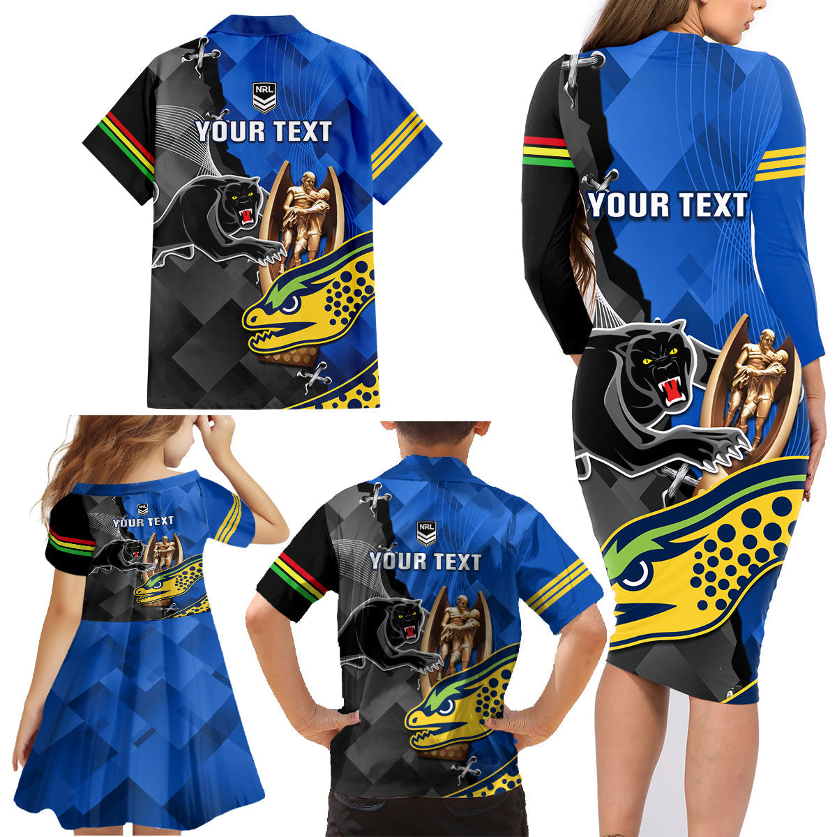 personalised-panthers-and-eels-family-matching-long-sleeve-bodycon-dress-and-hawaiian-shirt-sporty-version