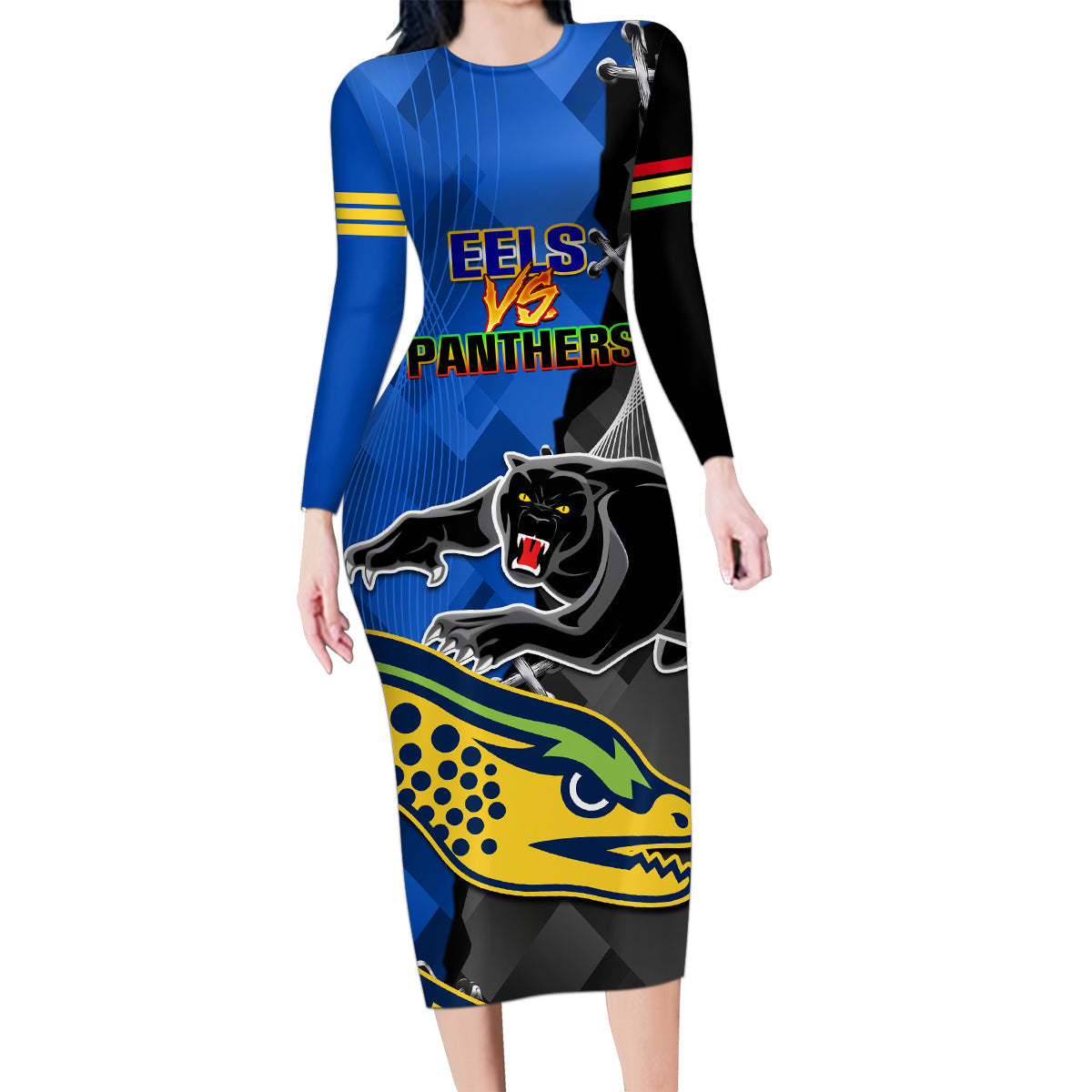 personalised-panthers-and-eels-family-matching-long-sleeve-bodycon-dress-and-hawaiian-shirt-sporty-version