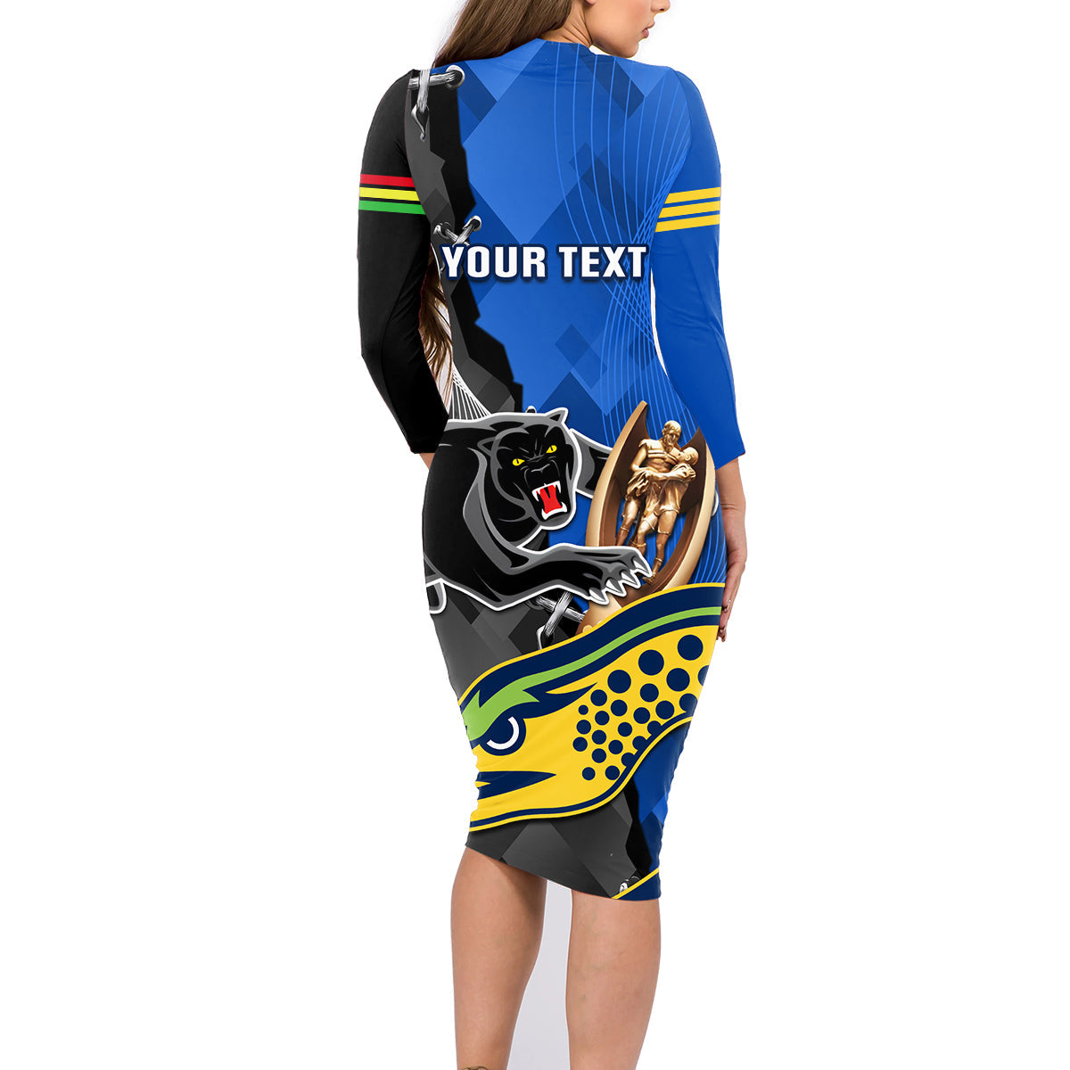 personalised-panthers-and-eels-family-matching-long-sleeve-bodycon-dress-and-hawaiian-shirt-sporty-version