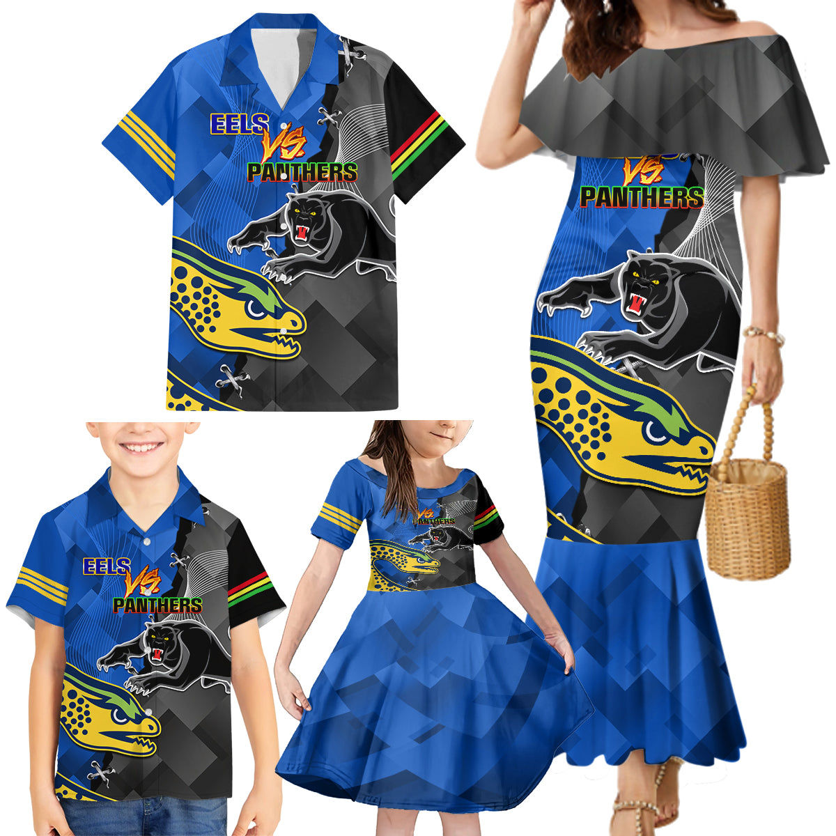 personalised-panthers-and-eels-family-matching-mermaid-dress-and-hawaiian-shirt-sporty-version