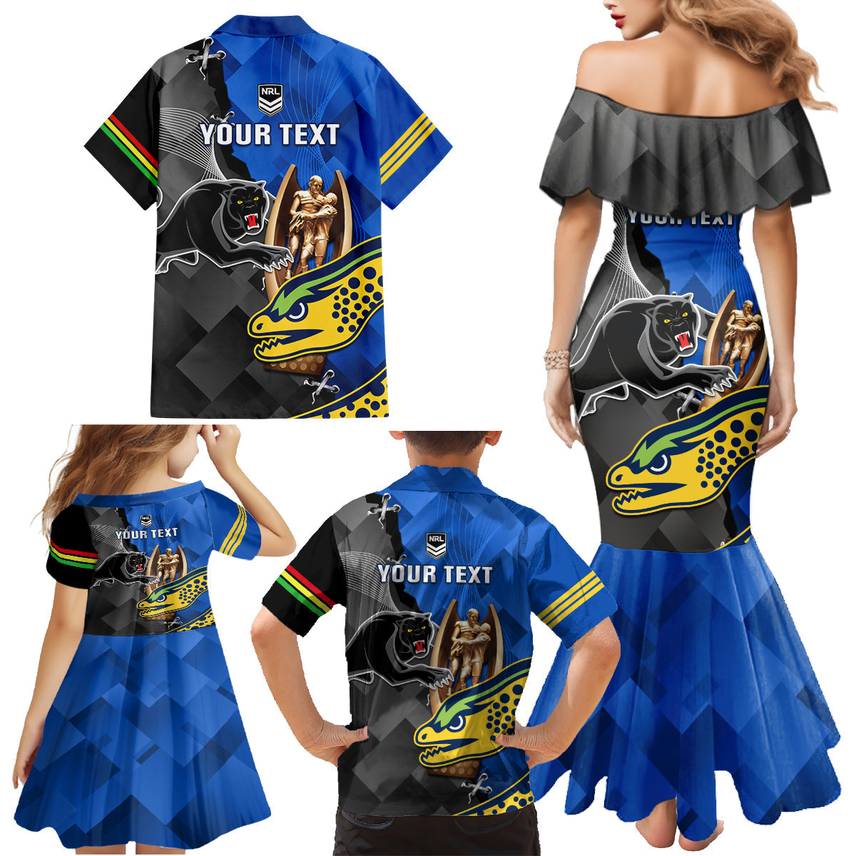 personalised-panthers-and-eels-family-matching-mermaid-dress-and-hawaiian-shirt-sporty-version