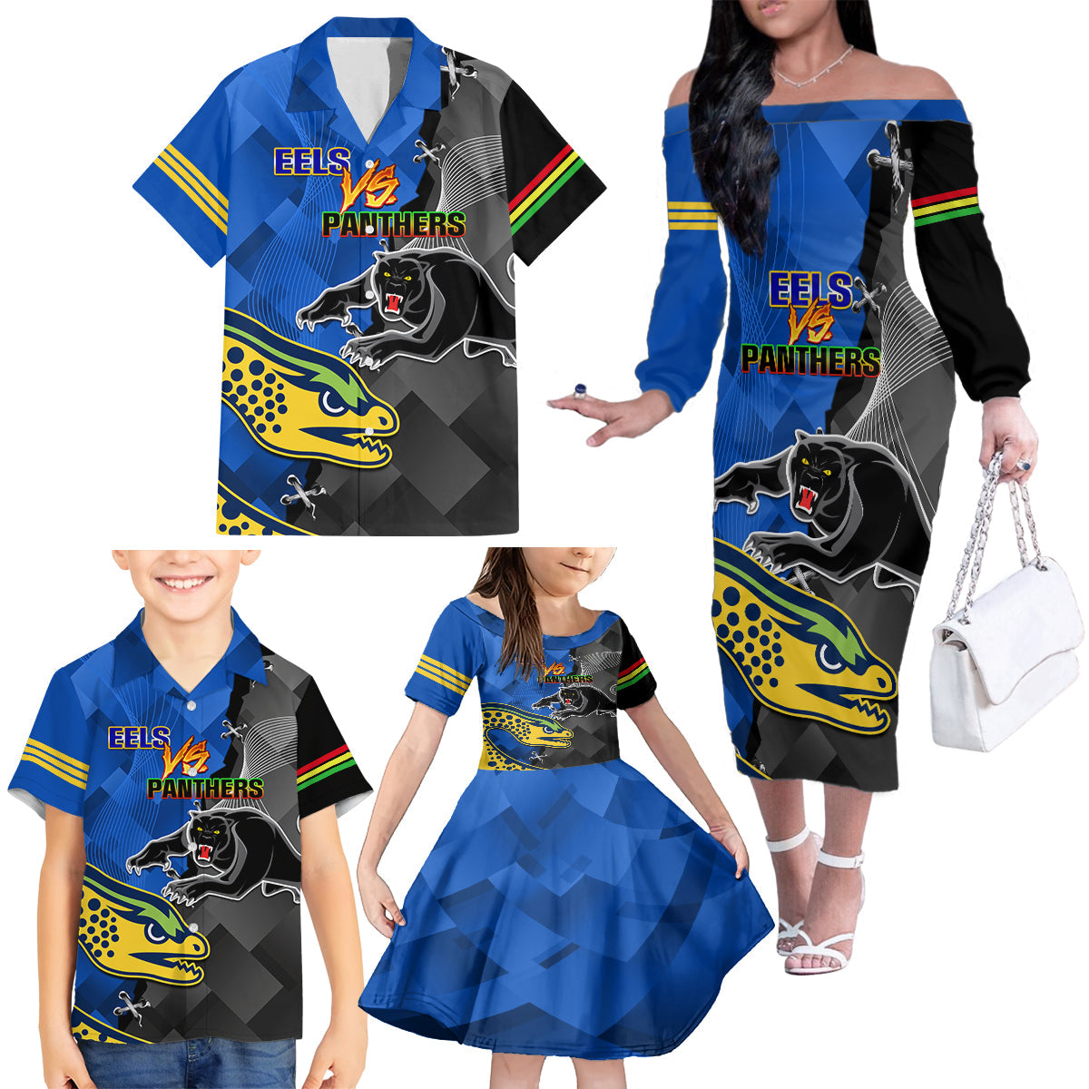personalised-panthers-and-eels-family-matching-off-shoulder-long-sleeve-dress-and-hawaiian-shirt-sporty-version