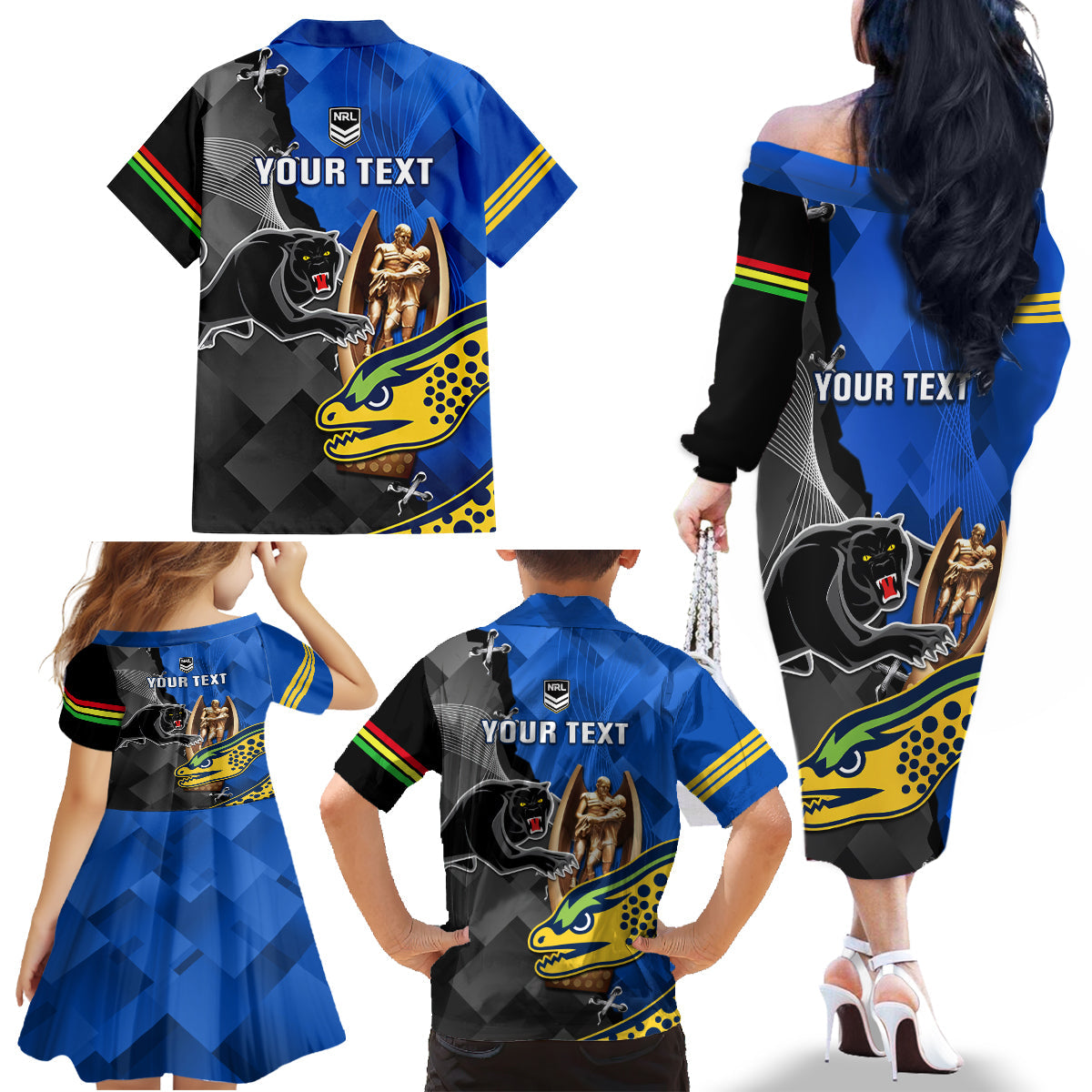 personalised-panthers-and-eels-family-matching-off-shoulder-long-sleeve-dress-and-hawaiian-shirt-sporty-version