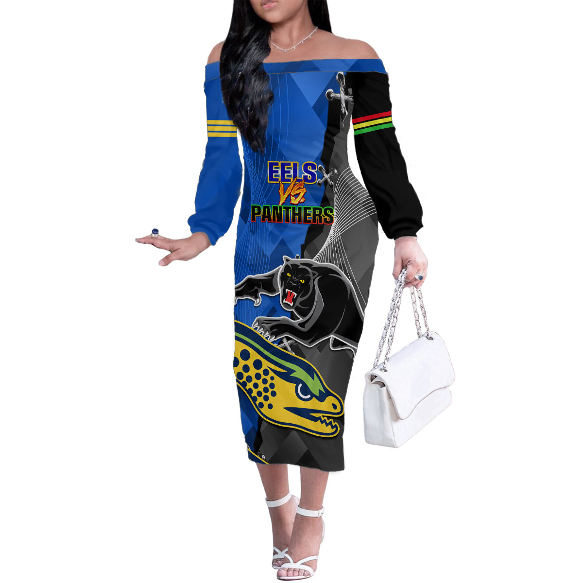 personalised-panthers-and-eels-family-matching-off-shoulder-long-sleeve-dress-and-hawaiian-shirt-sporty-version