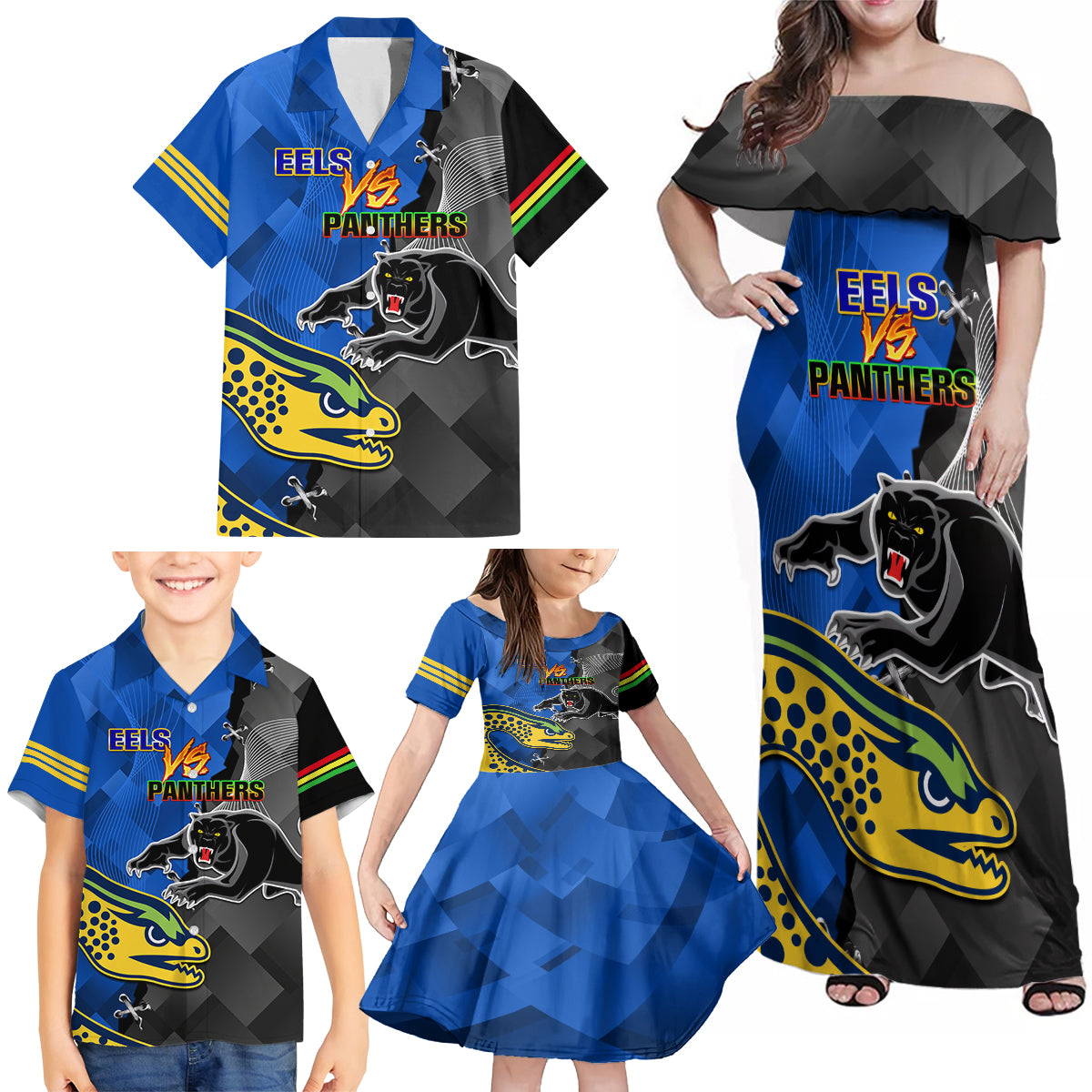 personalised-panthers-and-eels-family-matching-off-shoulder-maxi-dress-and-hawaiian-shirt-sporty-version