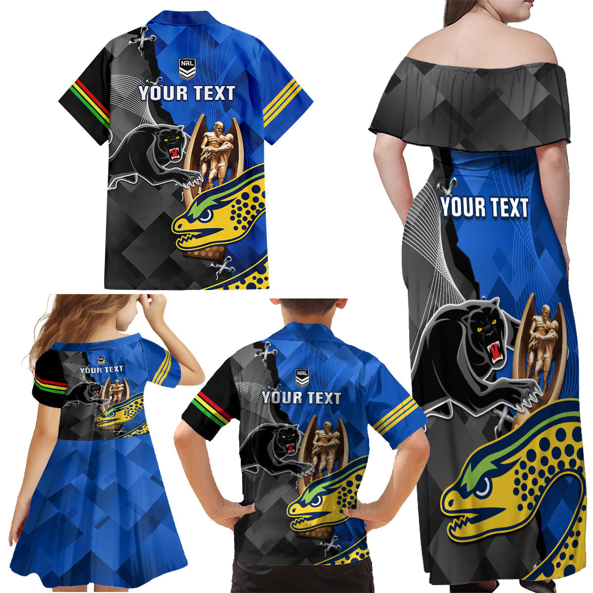 personalised-panthers-and-eels-family-matching-off-shoulder-maxi-dress-and-hawaiian-shirt-sporty-version