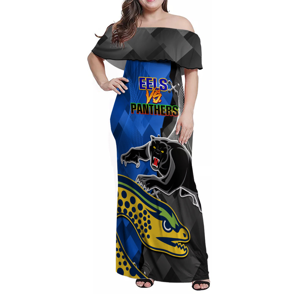 personalised-panthers-and-eels-family-matching-off-shoulder-maxi-dress-and-hawaiian-shirt-sporty-version