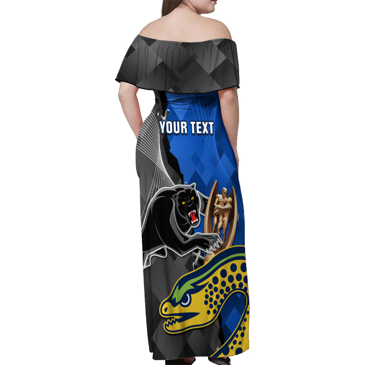 personalised-panthers-and-eels-family-matching-off-shoulder-maxi-dress-and-hawaiian-shirt-sporty-version