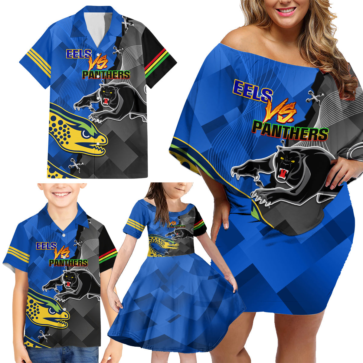 personalised-panthers-and-eels-family-matching-off-shoulder-short-dress-and-hawaiian-shirt-sporty-version