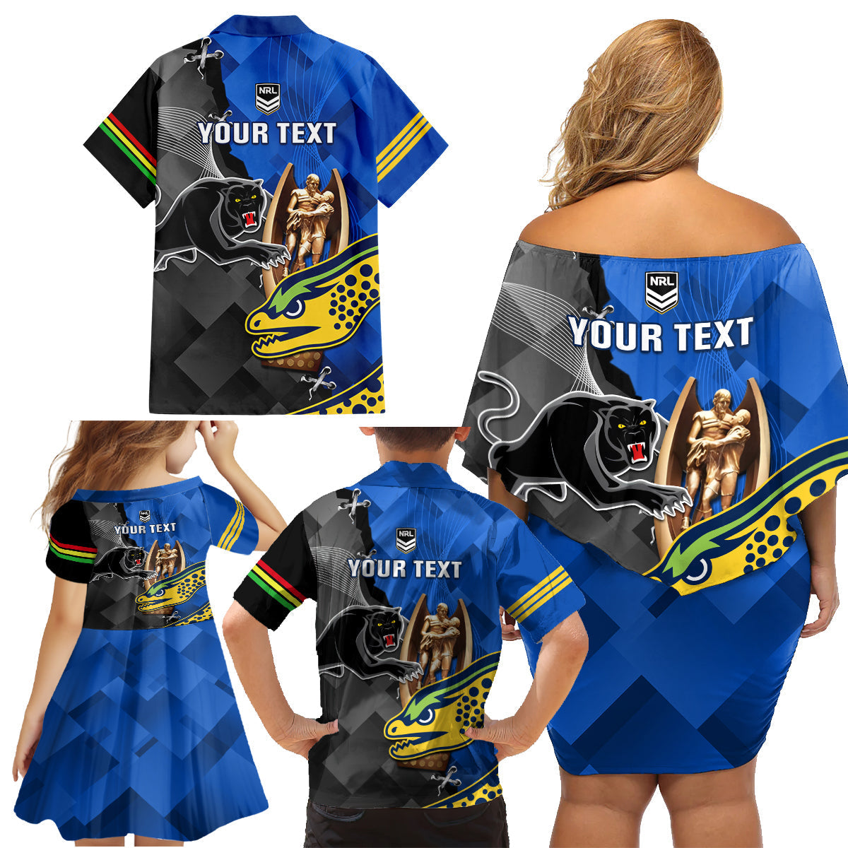 personalised-panthers-and-eels-family-matching-off-shoulder-short-dress-and-hawaiian-shirt-sporty-version