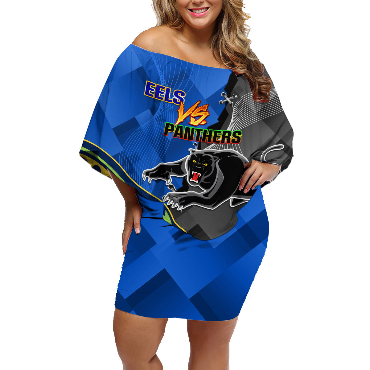 personalised-panthers-and-eels-family-matching-off-shoulder-short-dress-and-hawaiian-shirt-sporty-version