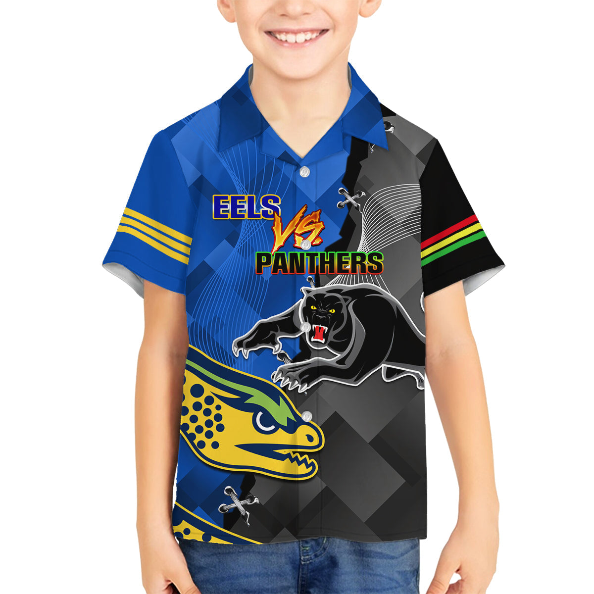 personalised-panthers-and-eels-family-matching-off-shoulder-short-dress-and-hawaiian-shirt-sporty-version